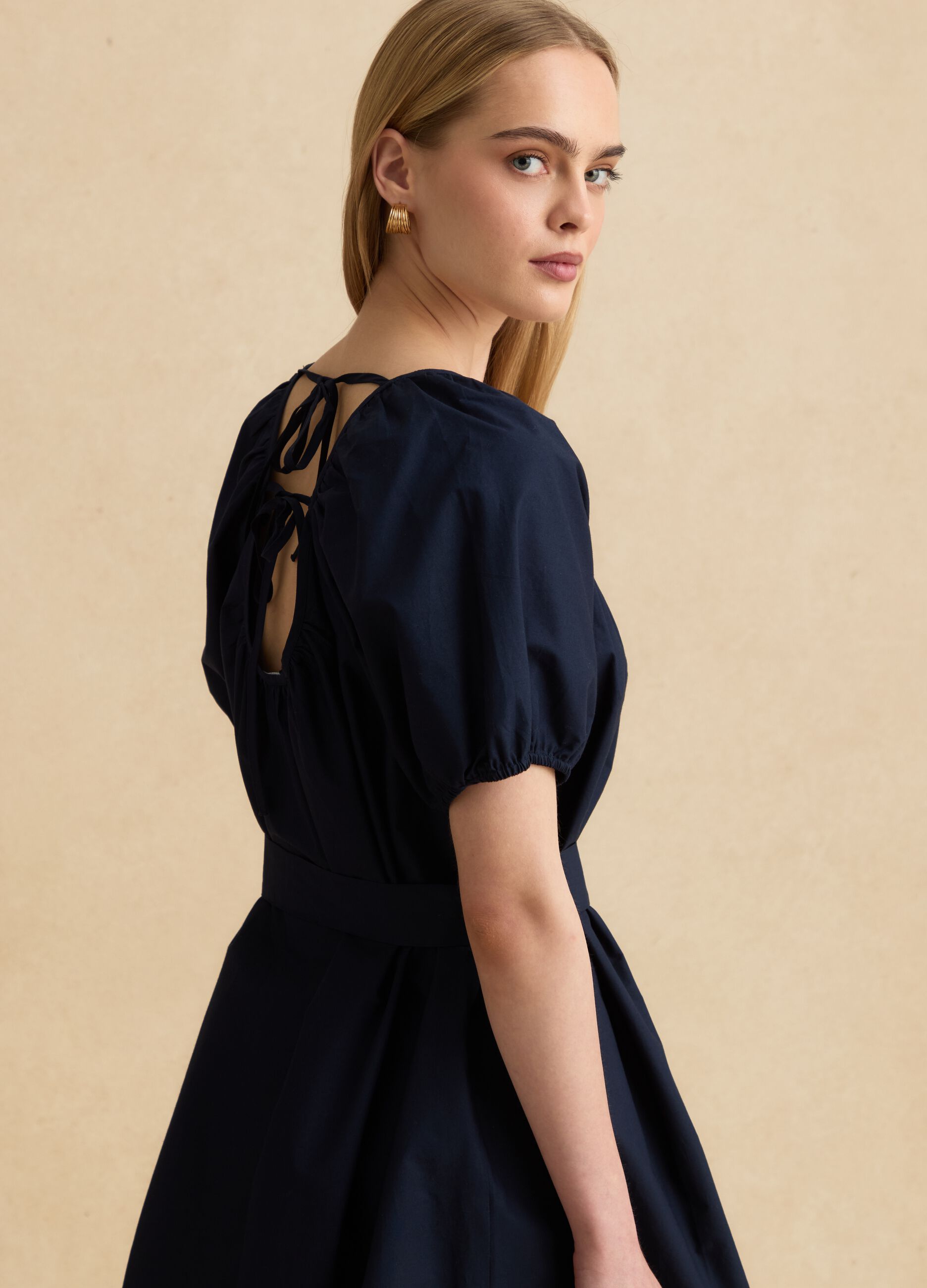Blue pure cotton mini dress with belt