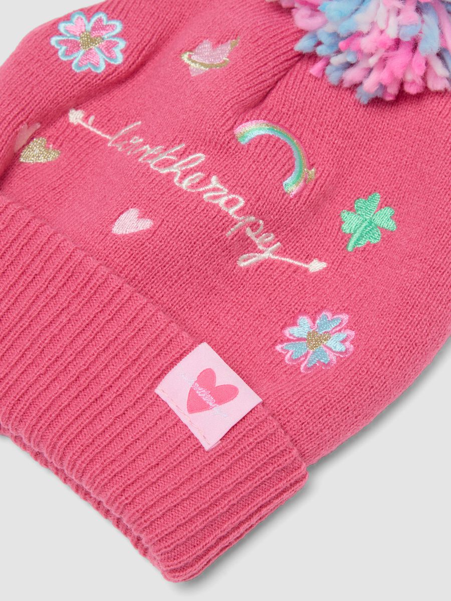 Pink knitted hat with pom-pom and embroidery_2