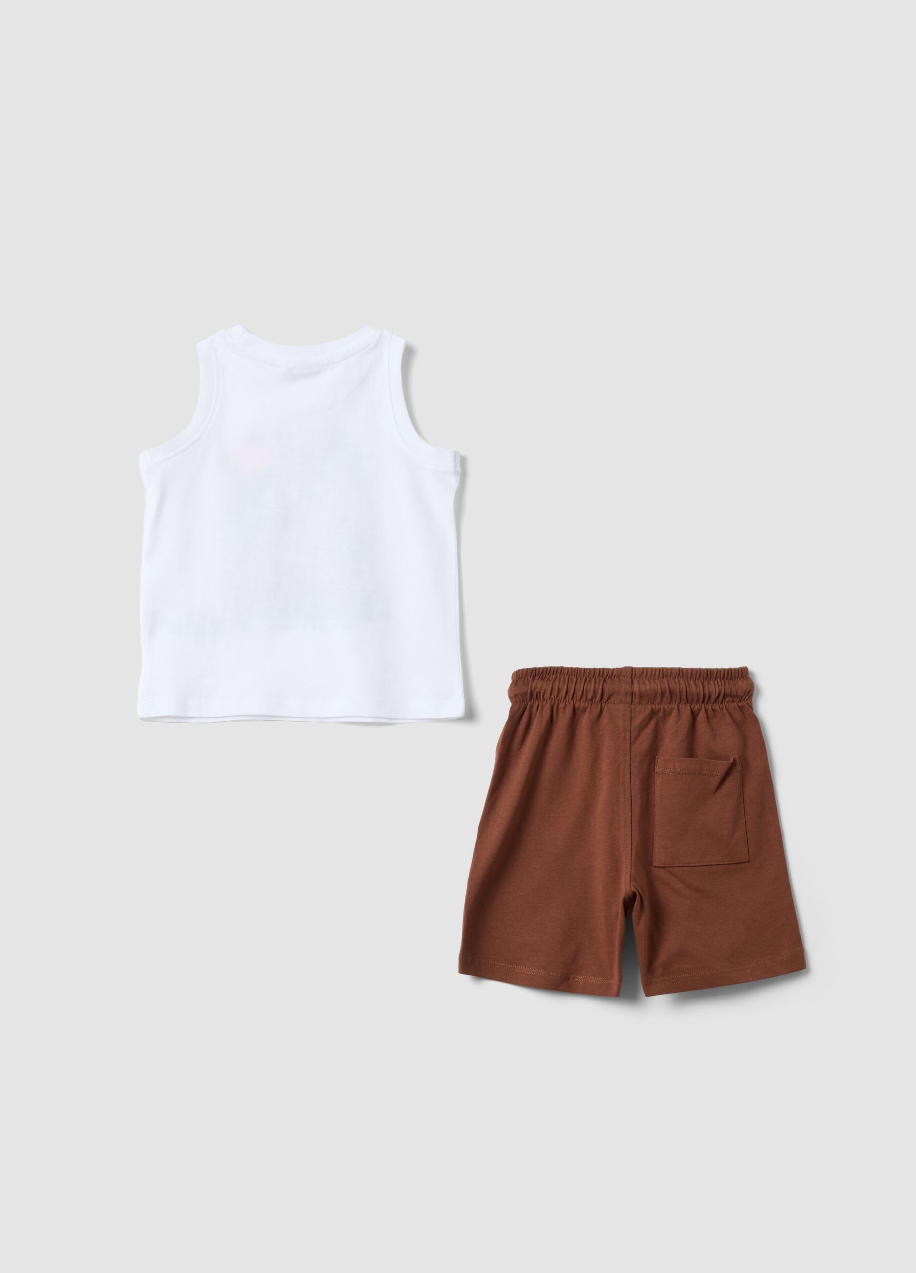 Completo bianco e marrone in puro cotone con top e shorts