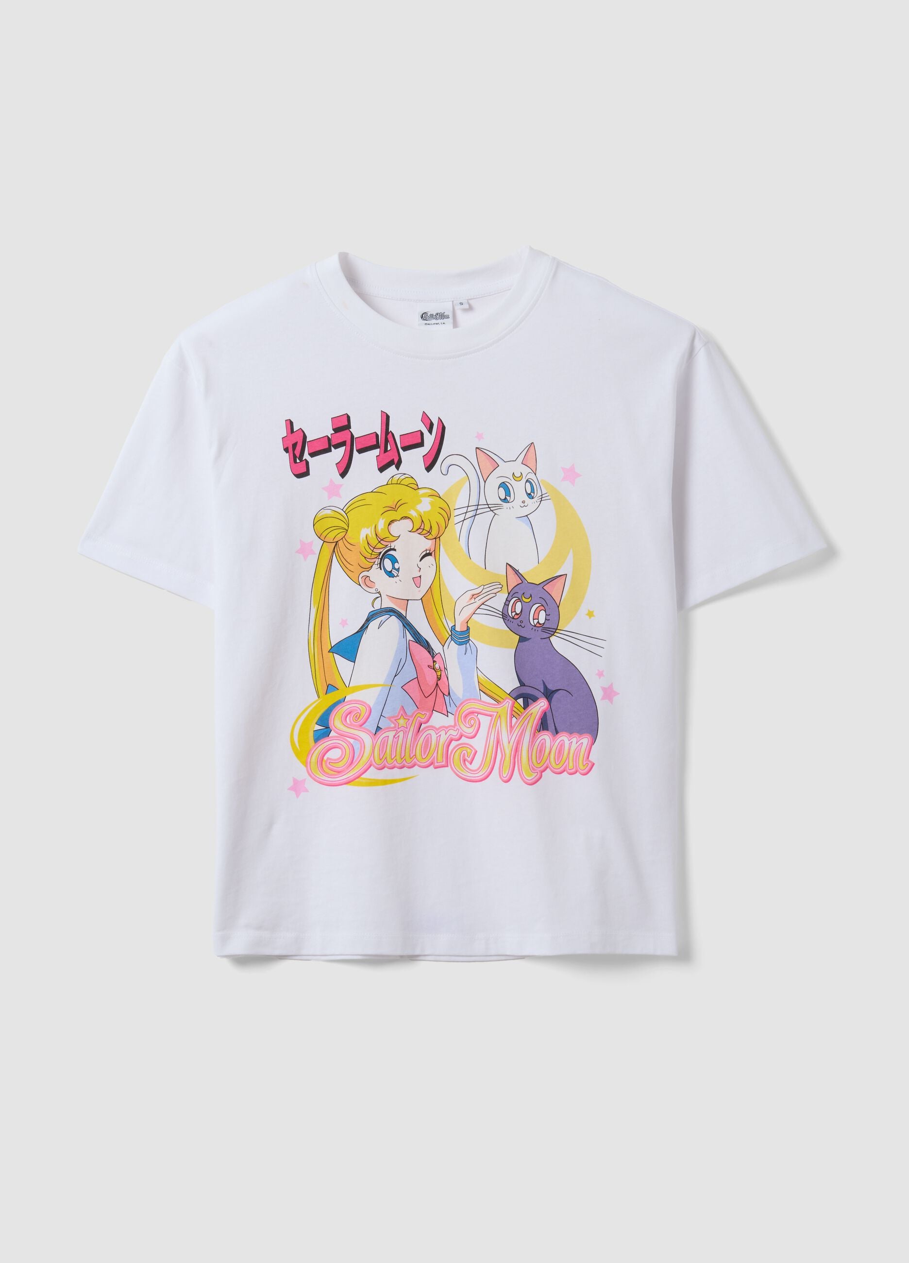 White pure cotton Sailor Moon print T-shirt, regular fit