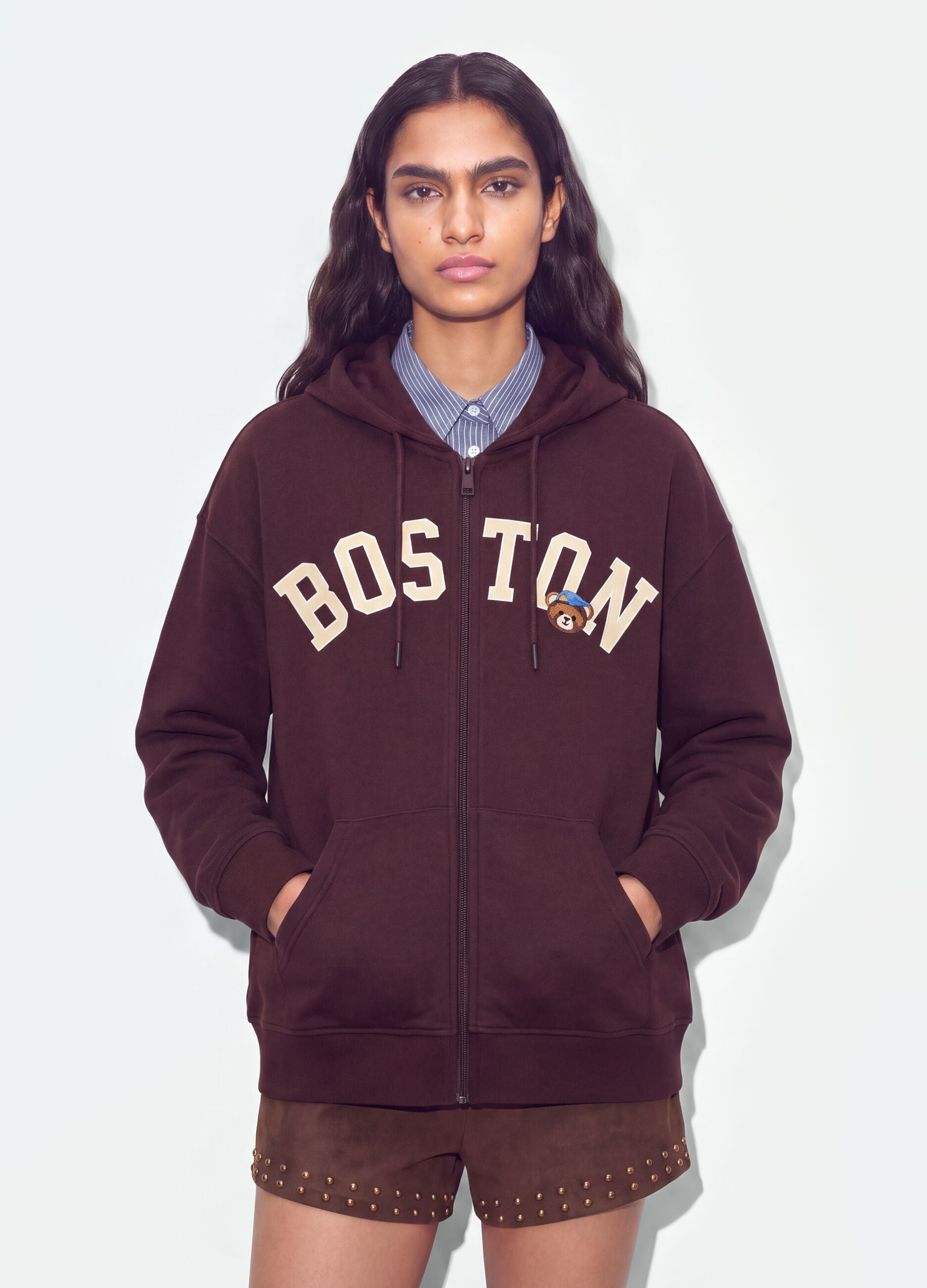 Brown cotton-blend hoodie with Boston slogan, relaxed fit
