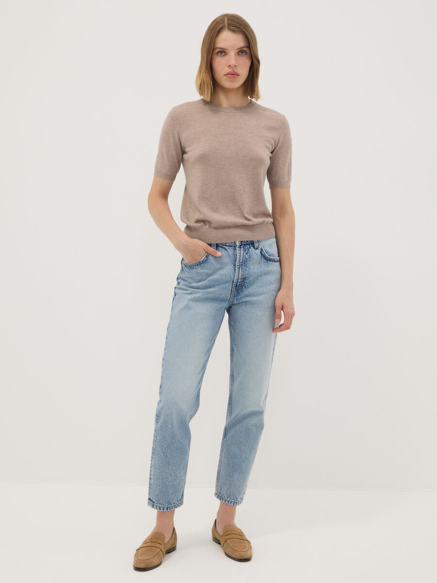 Beige short-sleeve crew-neck wool-blend jumper, regular fit_2