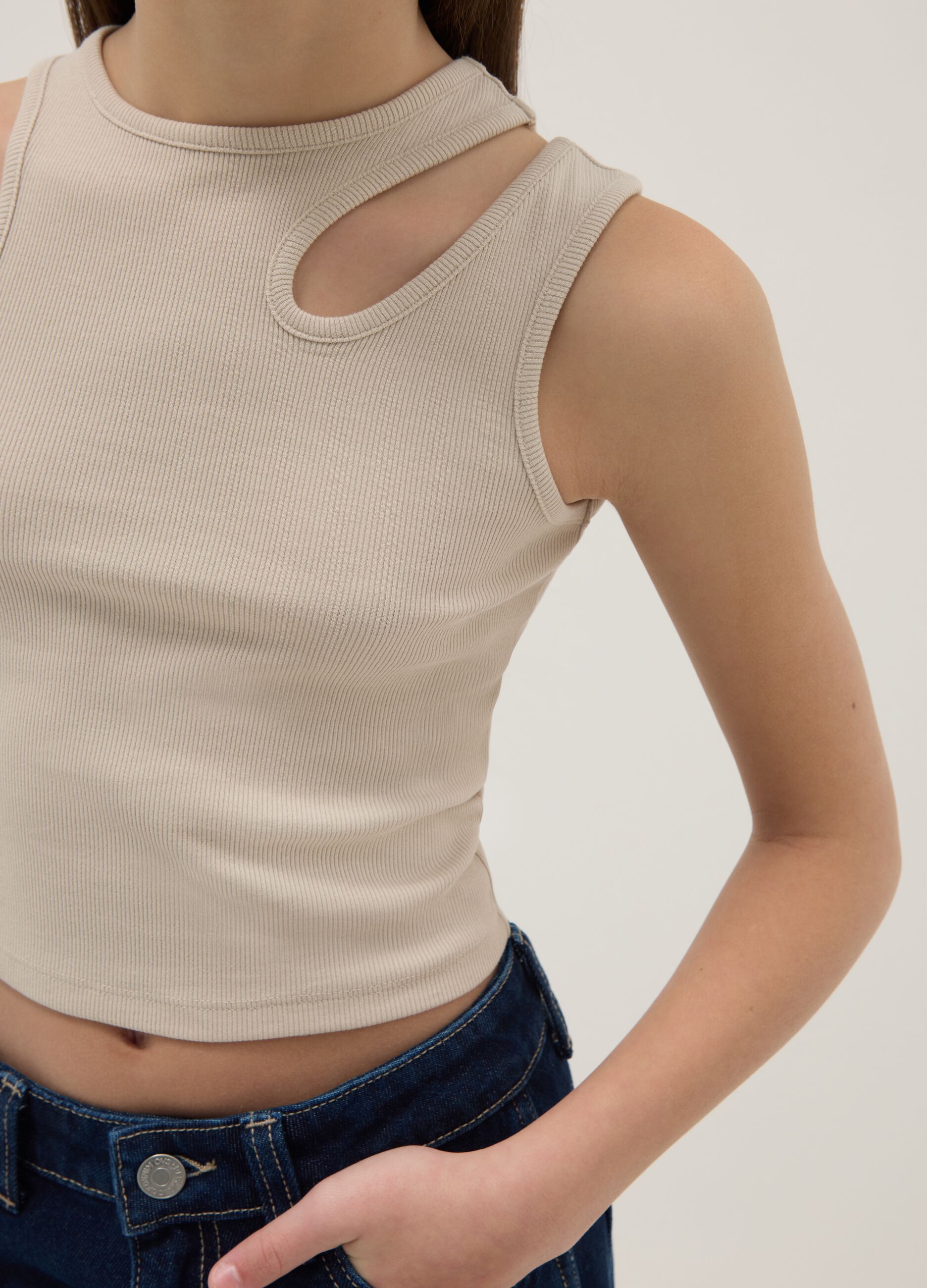Girls' beige fitted cotton stretch tank top