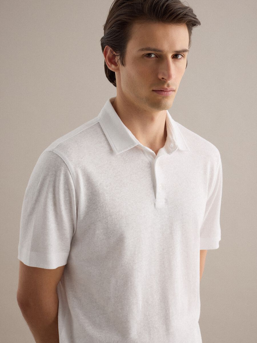 White linen-cotton blend regular fit polo_4
