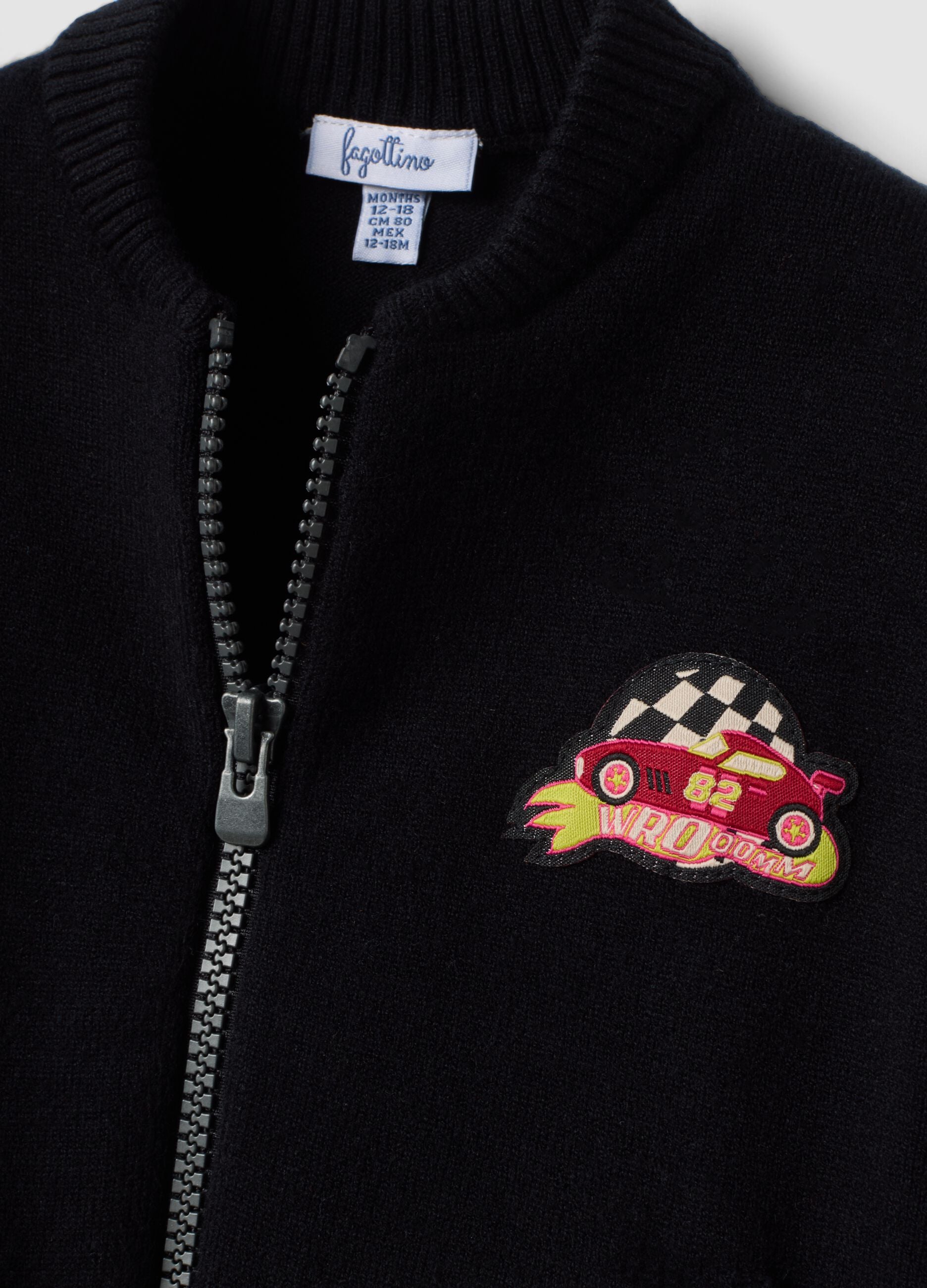 Black viscose-blend cardigan with zip and toy car patch