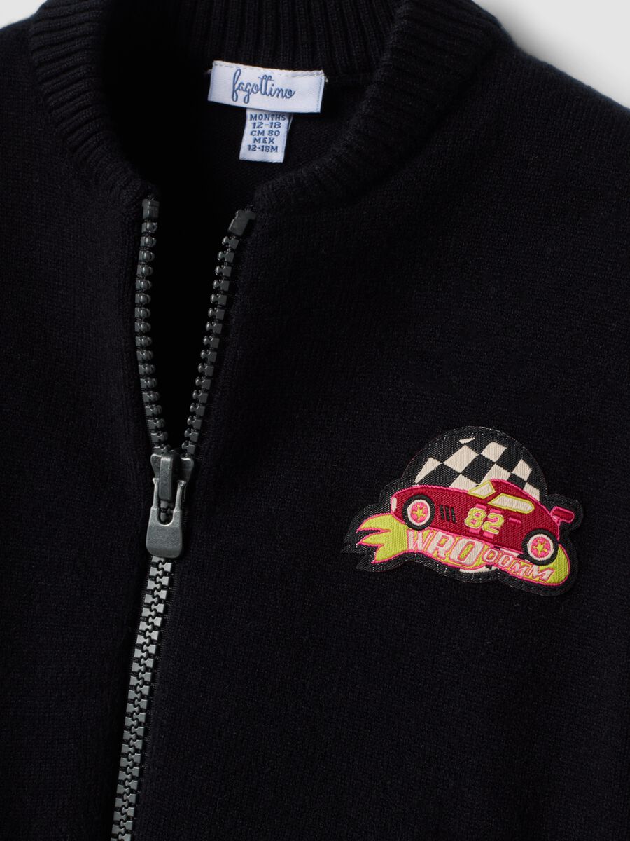 Black viscose-blend cardigan with zip and toy car patch_3