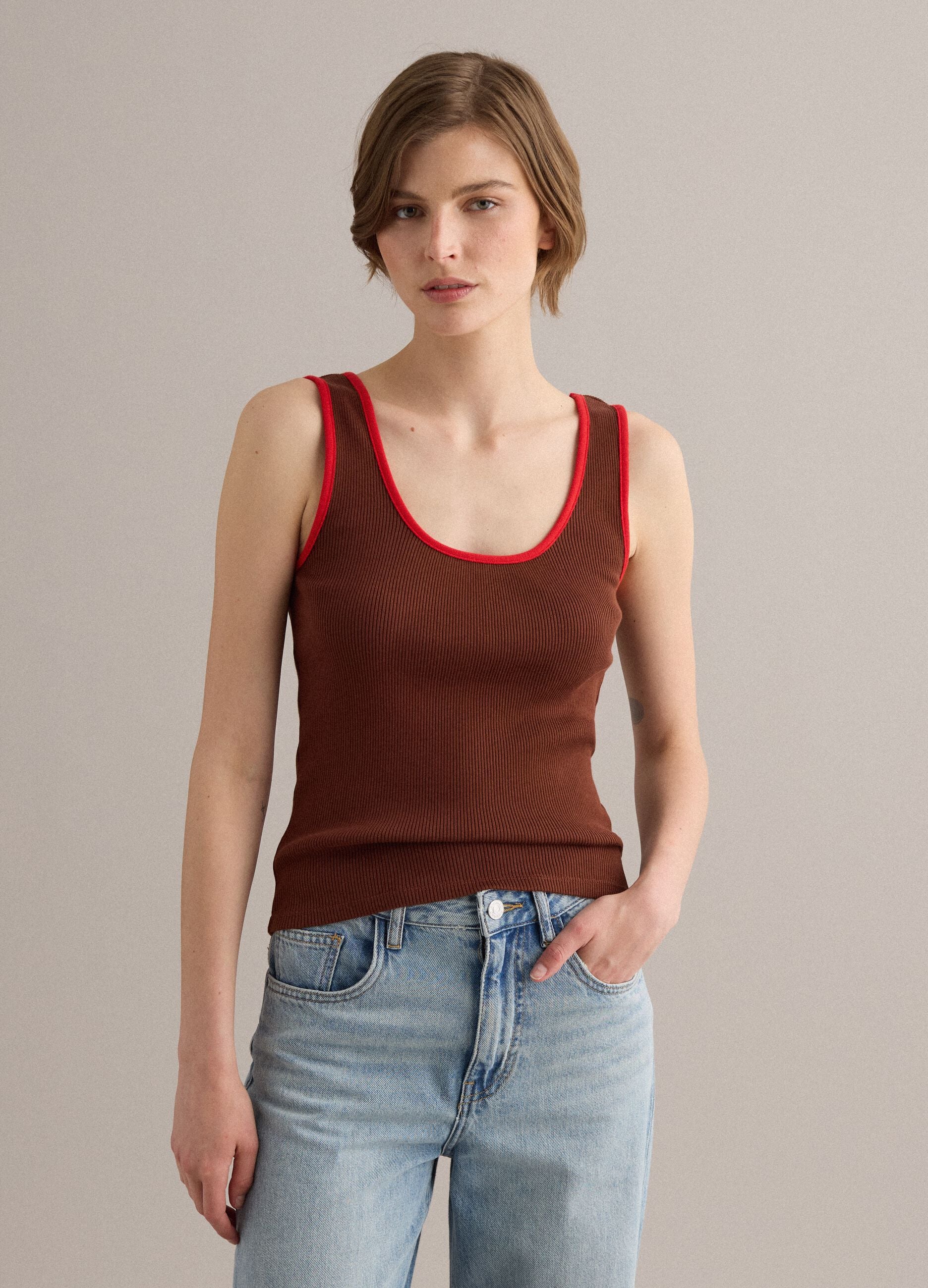 Brown pure cotton ribbed tank top