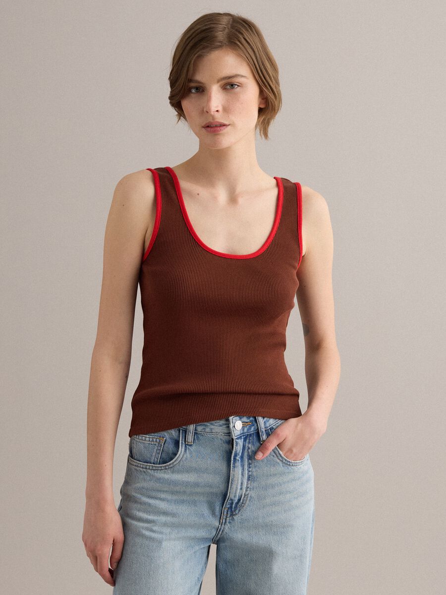 Tank top marrone in puro cotone a costine_1