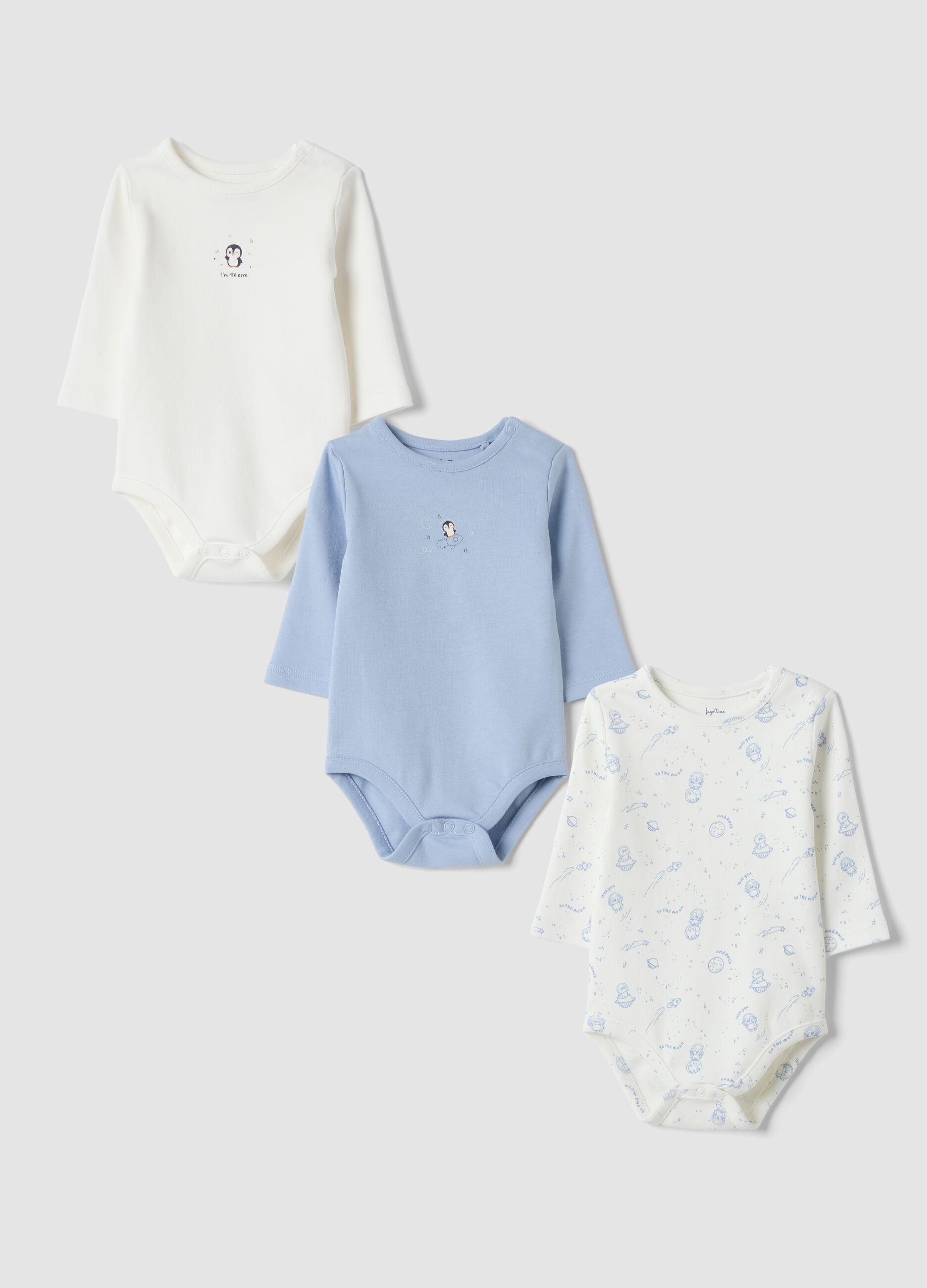 Multicolour three-pack organic cotton crew-neck bodysuits