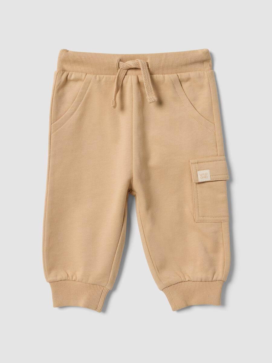 Beige organic cotton cargo trousers with drawstring for baby_0