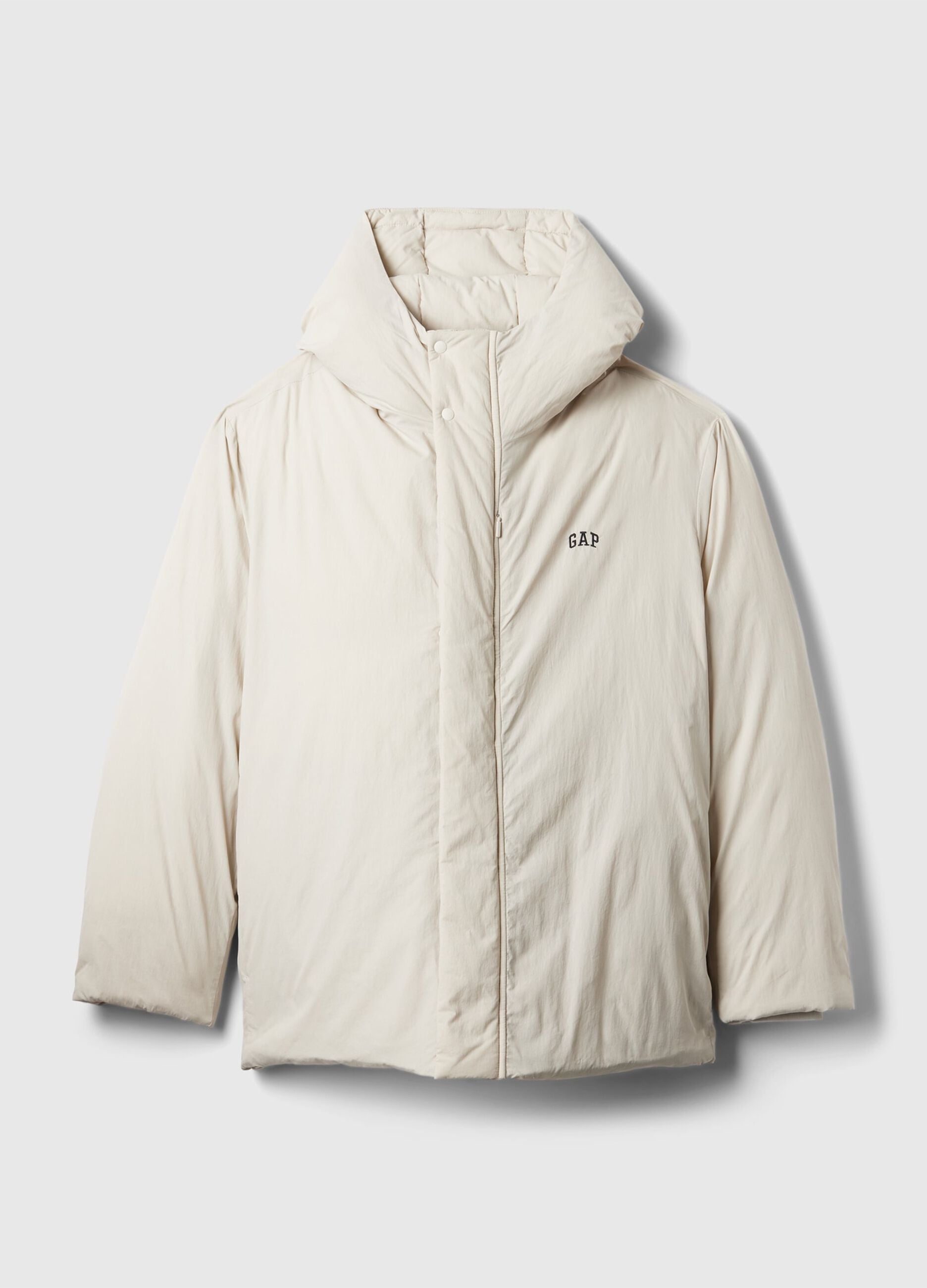 Down jacket with hood and logo embroidery