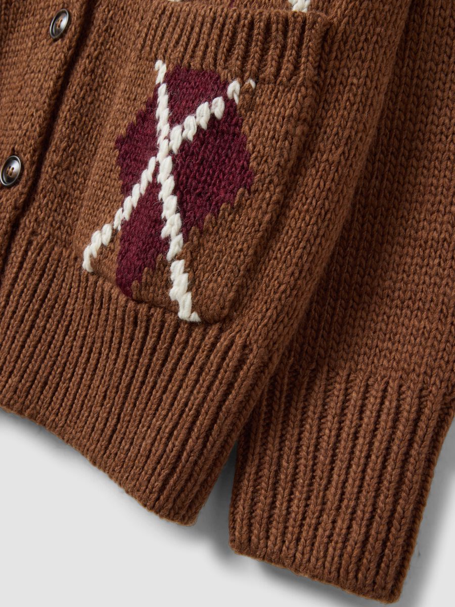 Brown wool-blend argyle crew-neck cardigan in an oversized fit_1