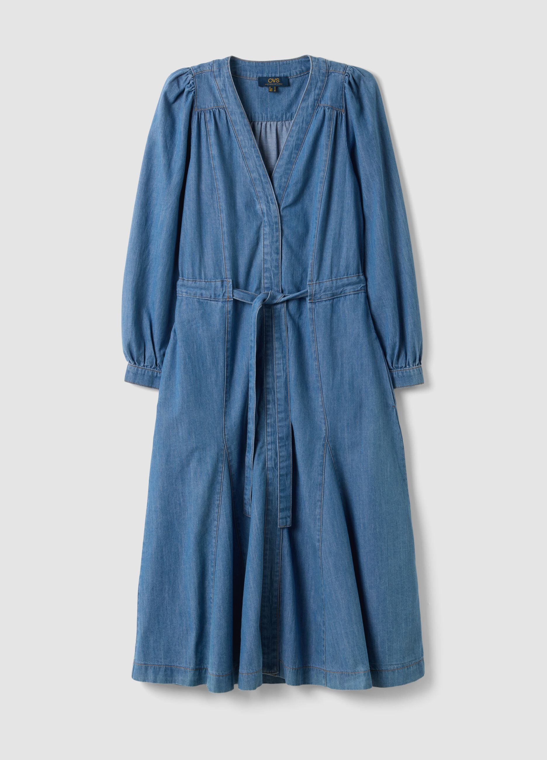 Blue pure cotton denim dress with deep V-neck regular fit