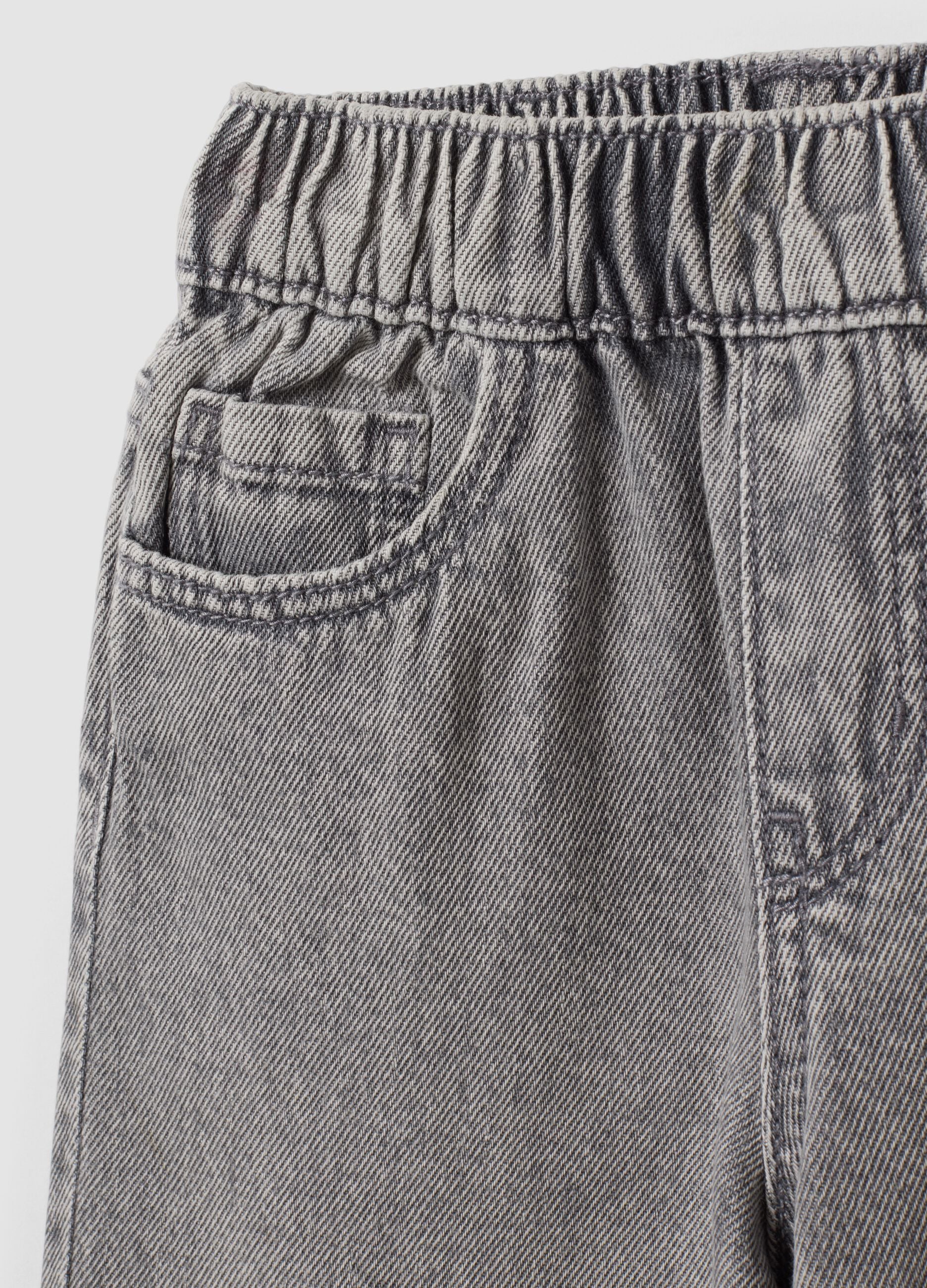 Girls' Grey Wide-Leg Pure Cotton Jeans with Elasticated Waist