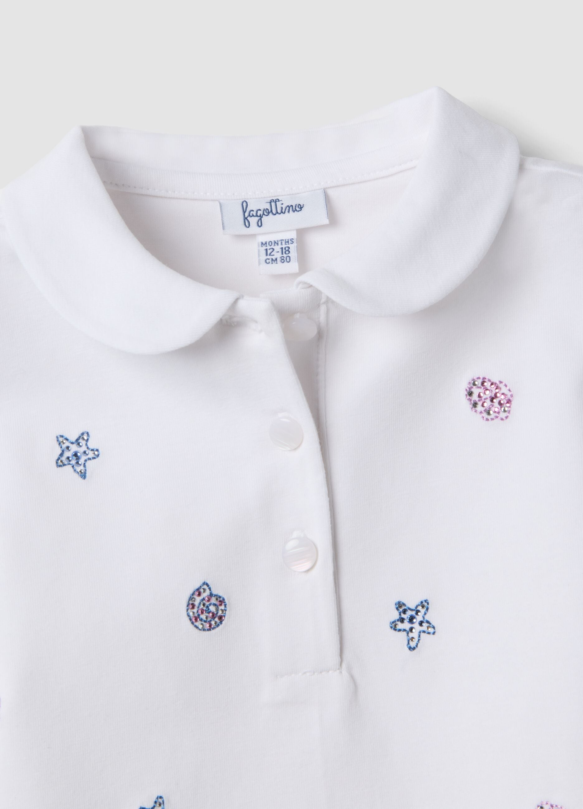 White stretch cotton polo shirt with classic collar for baby girl, regular fit