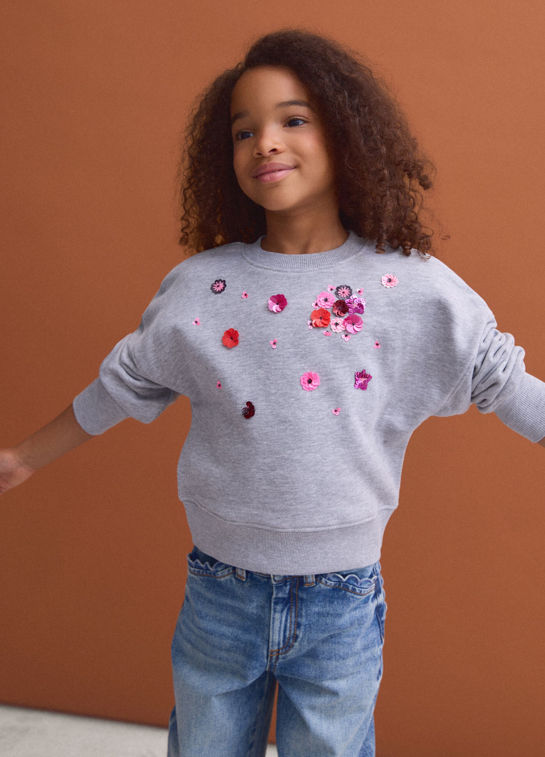 Grey cotton-blend crew-neck sweatshirt with sequins