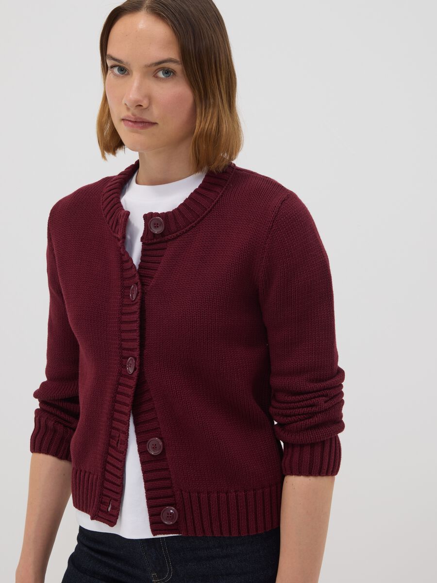 Burgundy pure cotton crew-neck cardigan with buttons, regular fit_2