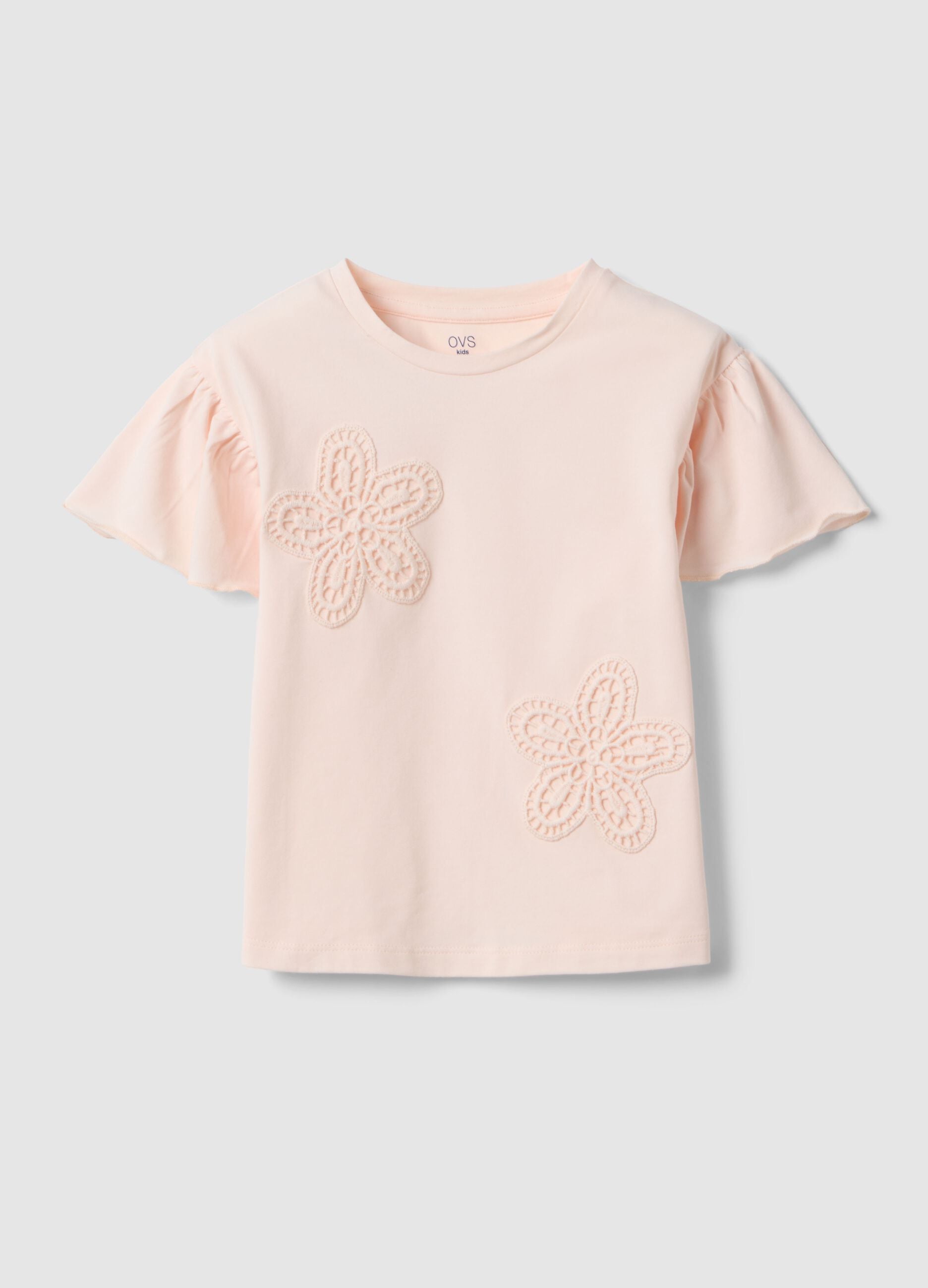 Girls' Pink Stretch Cotton T-shirt with Floral Embroidery
