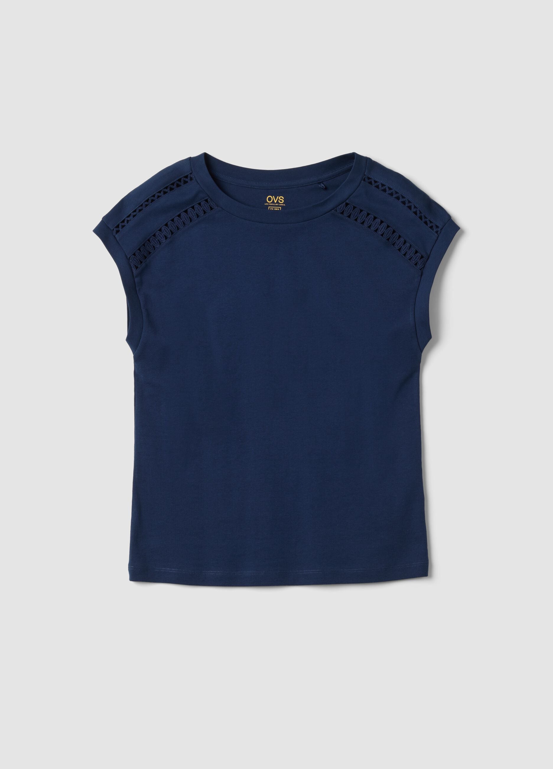 Blue pure cotton T-shirt with perforated inserts