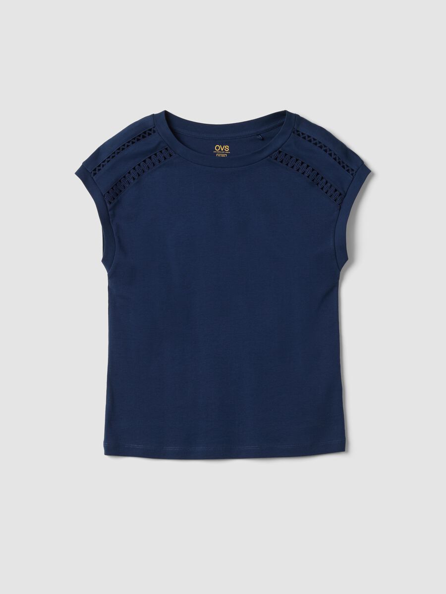 Blue pure cotton T-shirt with perforated inserts_4