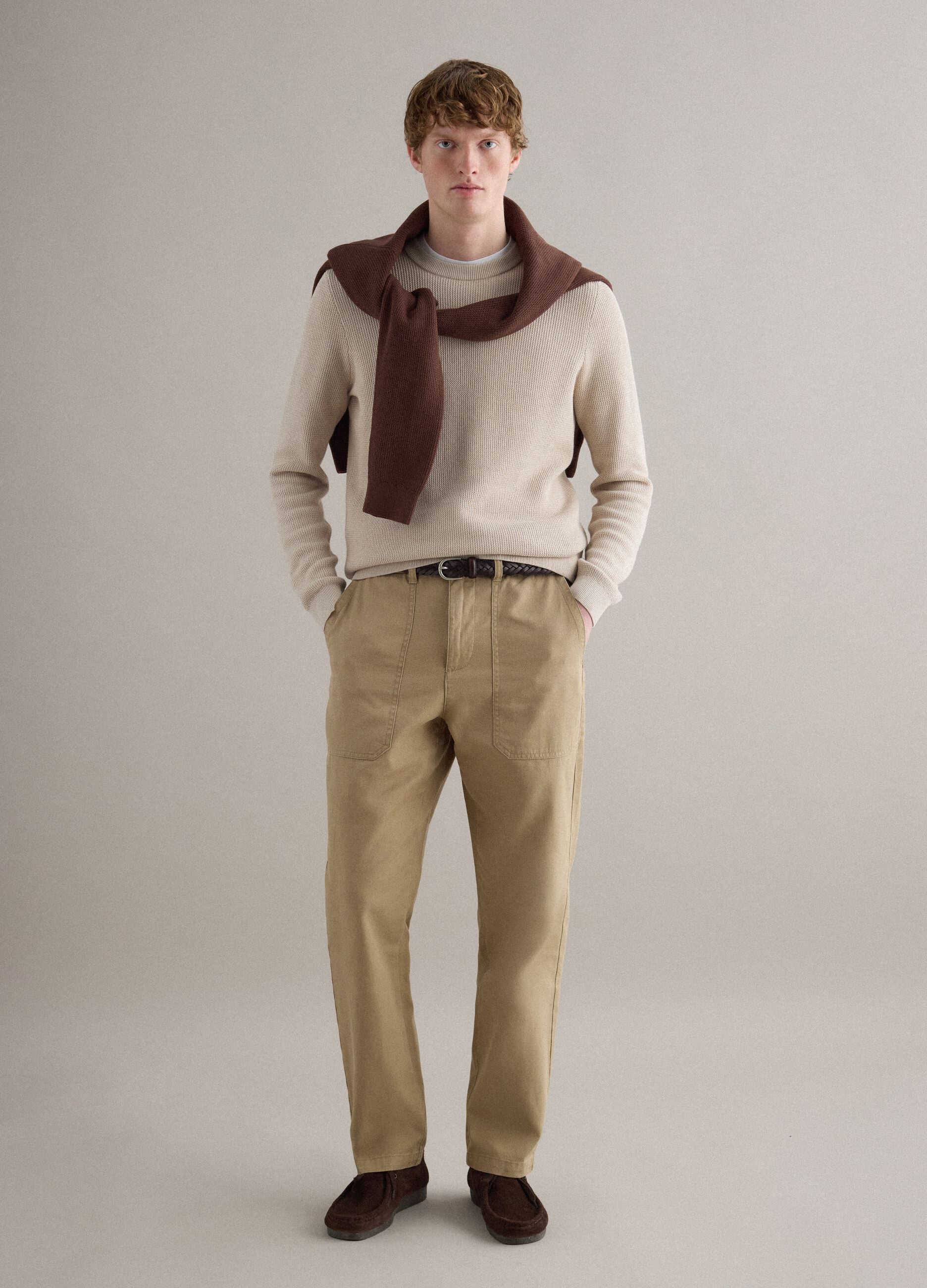 Regular fit braided brown genuine leather belt