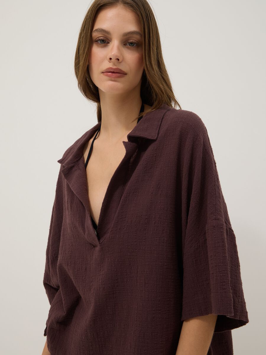Short brown pure cotton kaftan with V-neck_2
