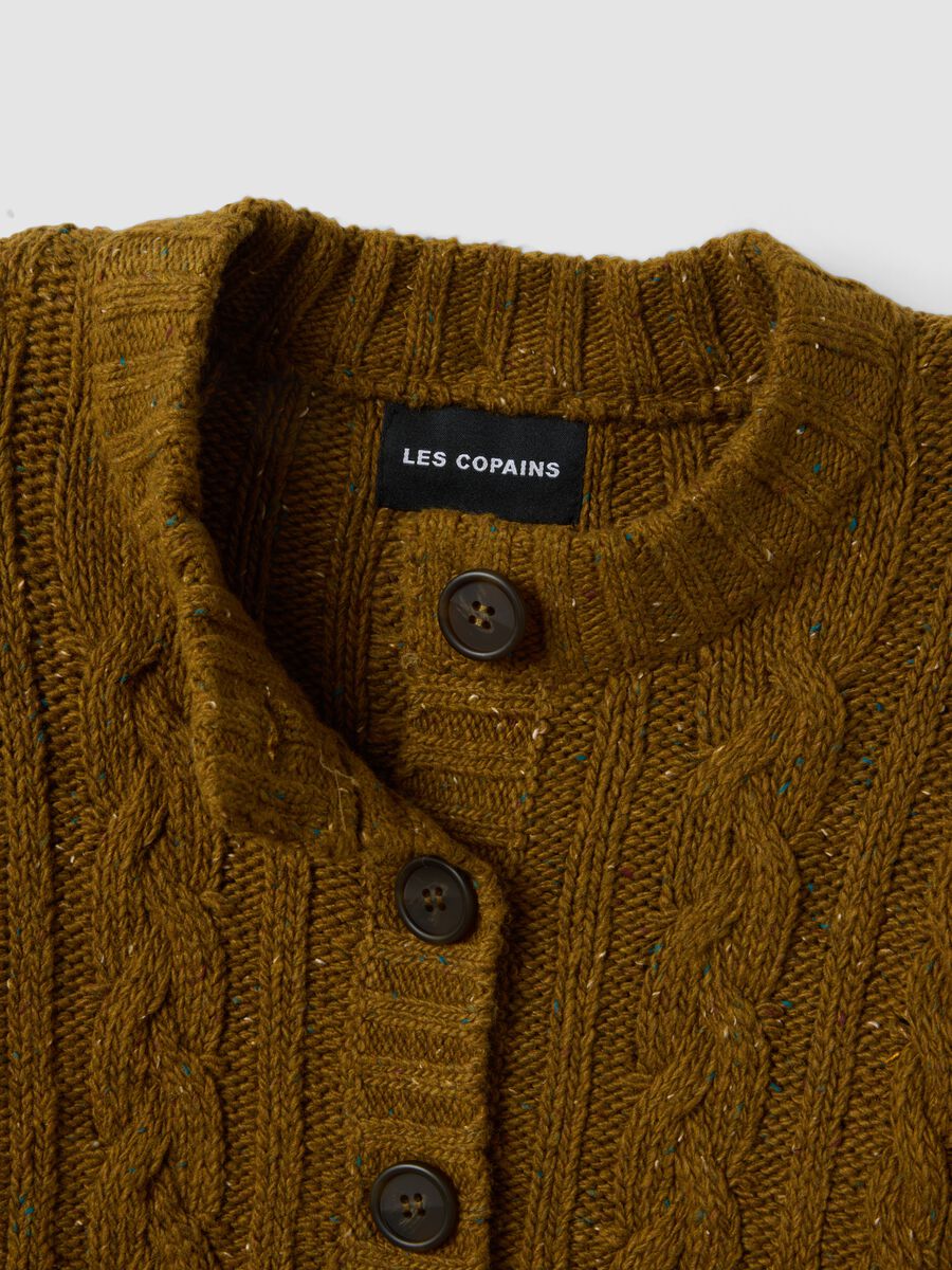 Brown cable-knit stretch wool cardigan_1