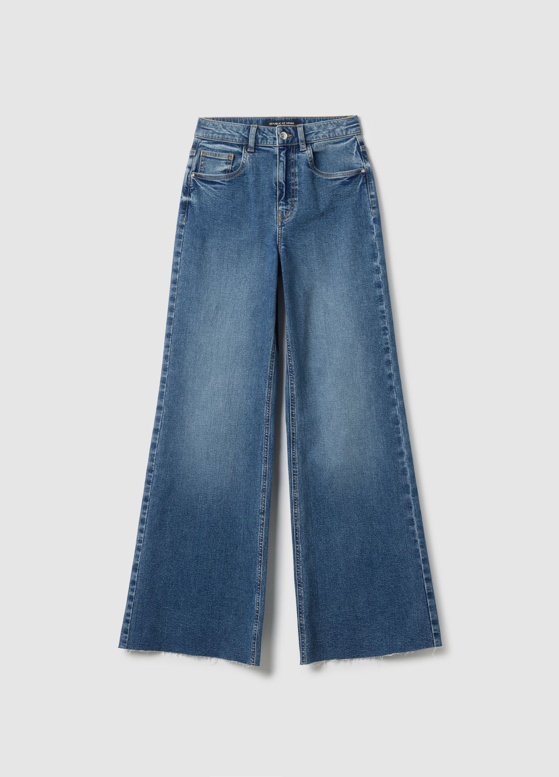 Wide leg stretch cotton blue jeans
