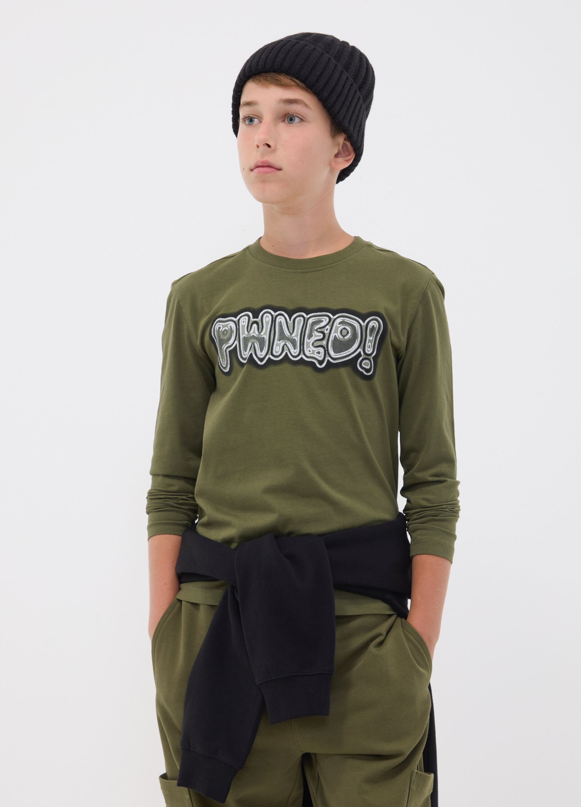 Green pure organic cotton slogan T-shirt for boys