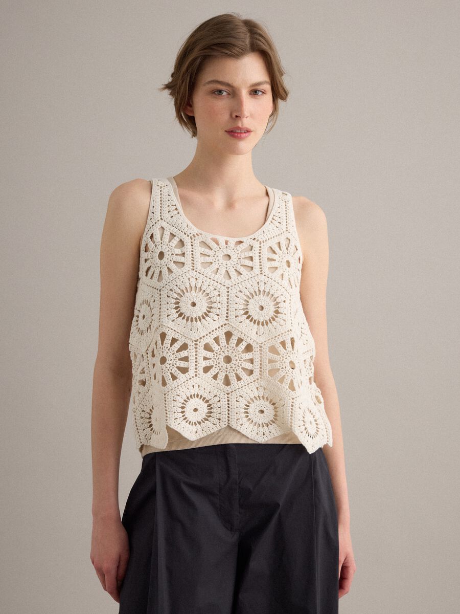 Tank top beige in puro cotone con lavorazione crochet_1