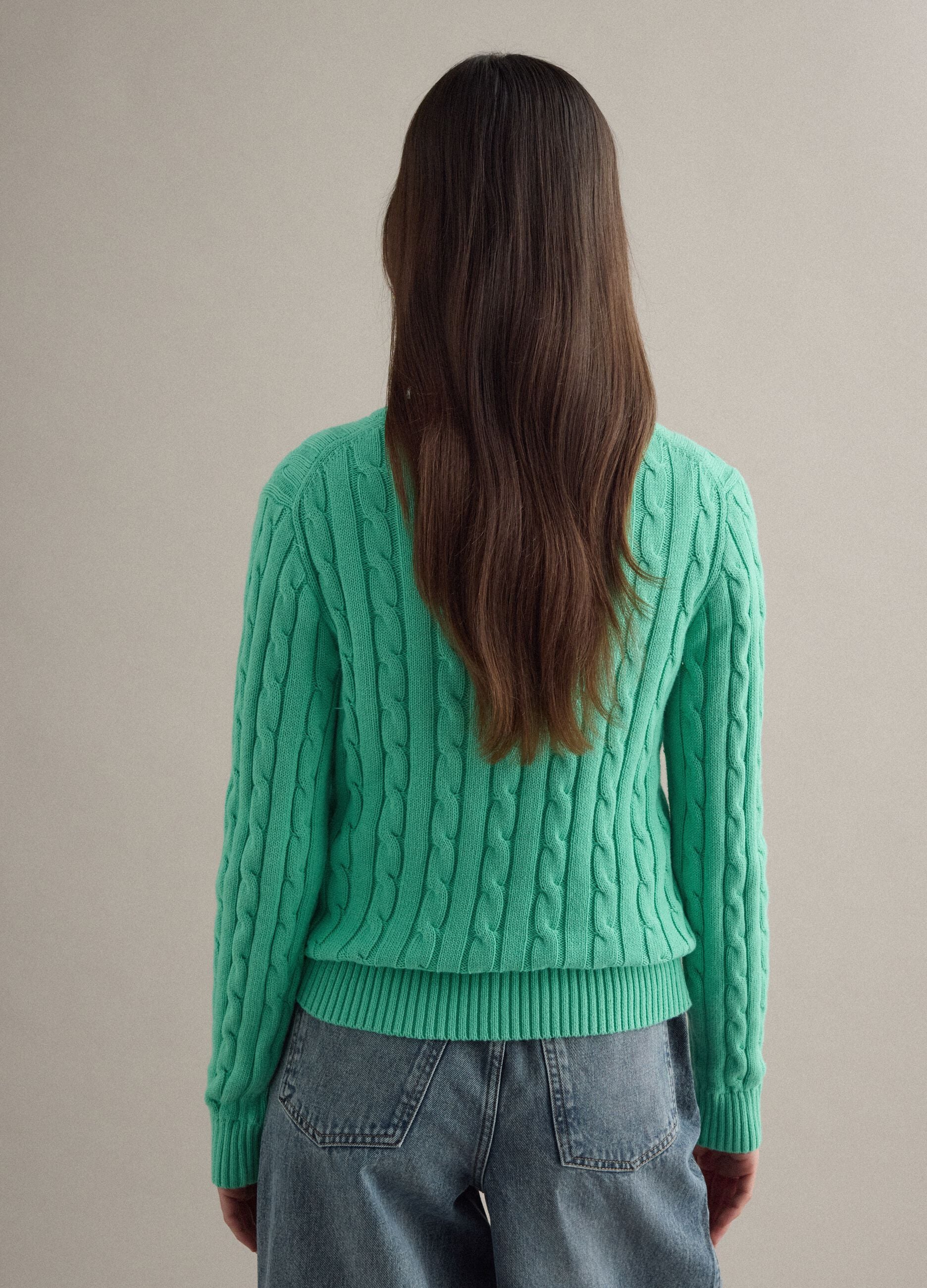 Green pure cotton regular fit sweater with cable knit