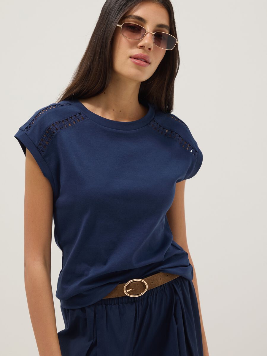 Blue pure cotton T-shirt with perforated inserts_0