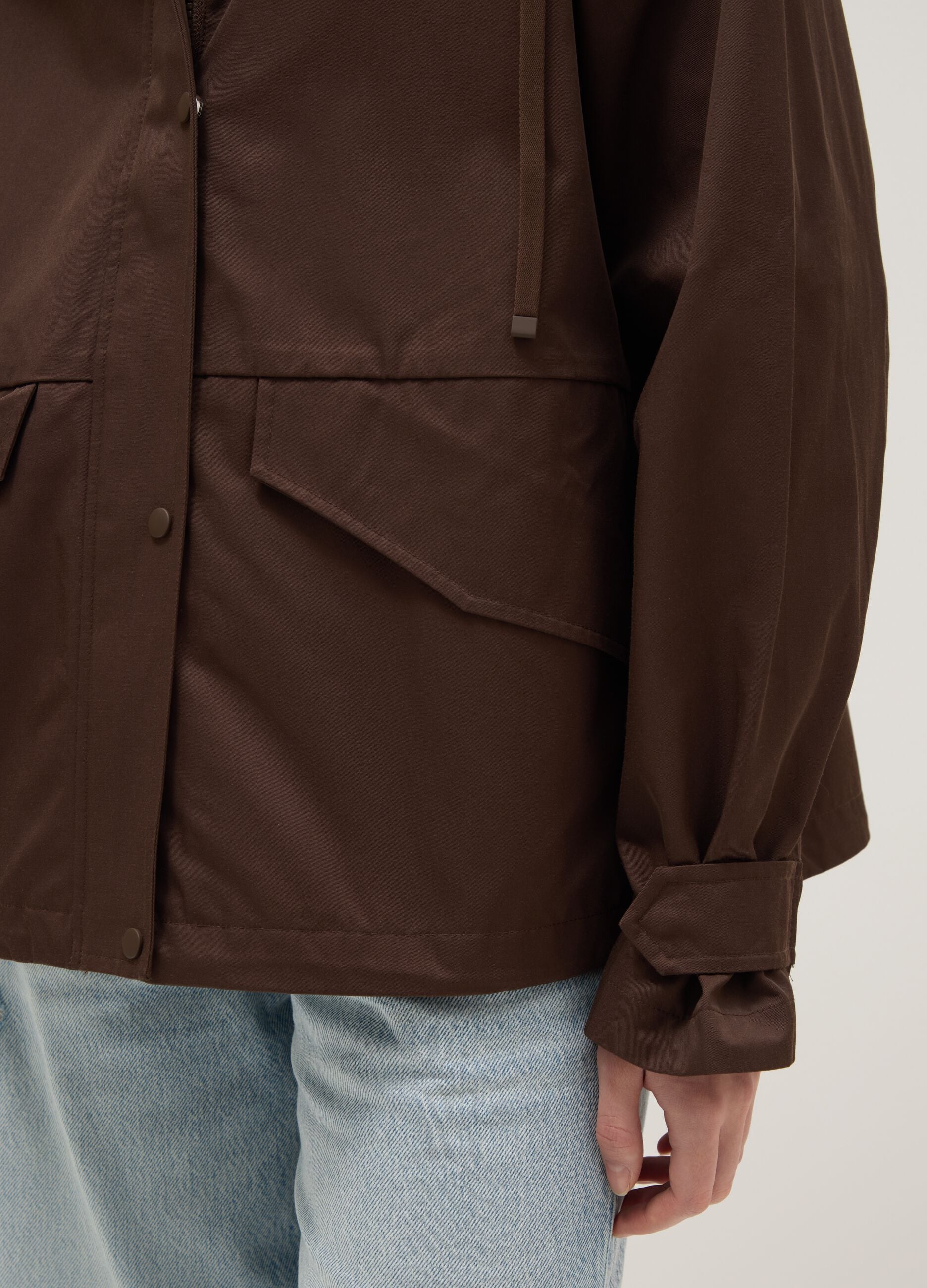 Brown cotton blend regular fit jacket with zip and hood