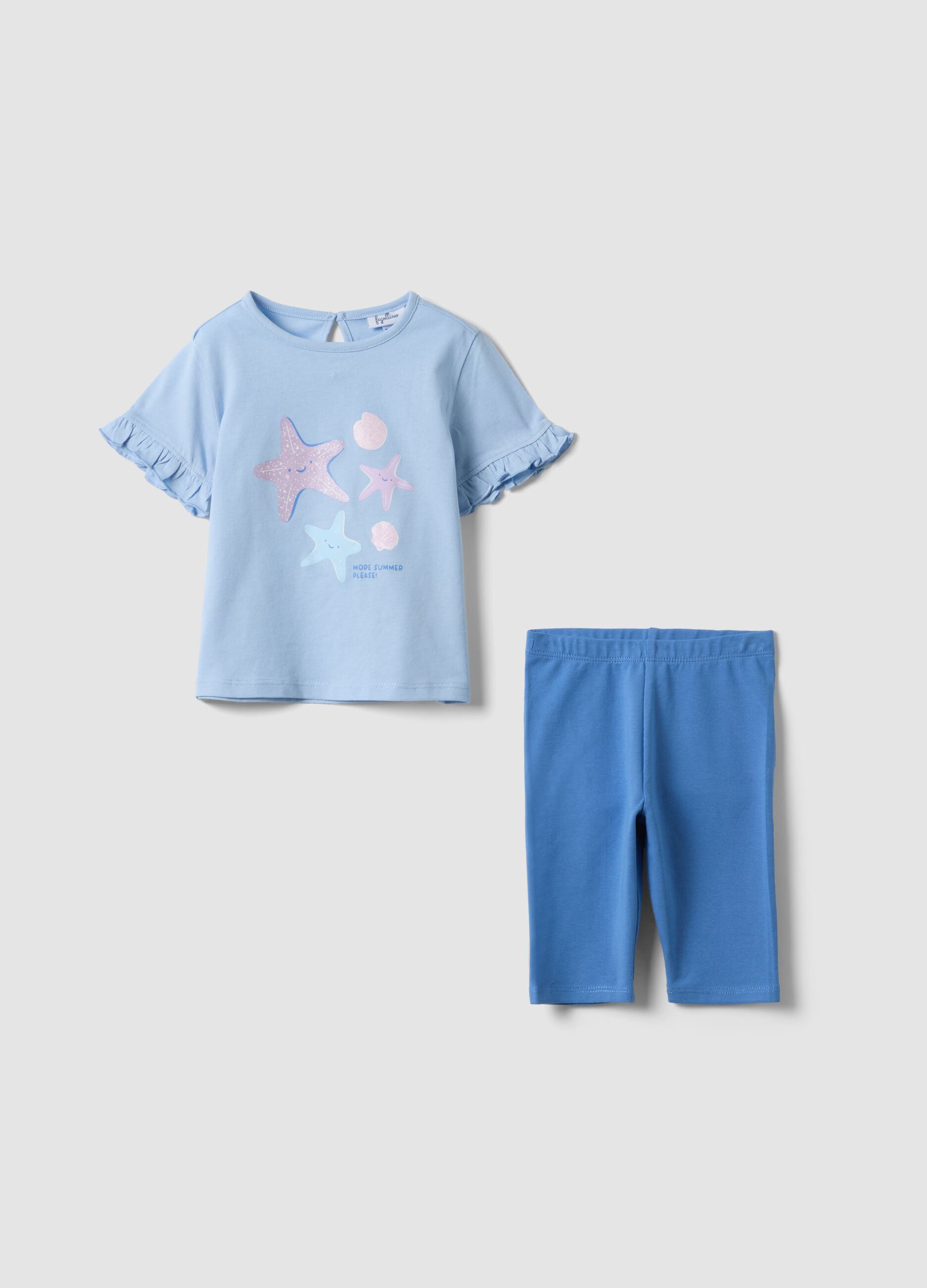 Light blue pure cotton set with T-shirt and leggings for girls, regular fit