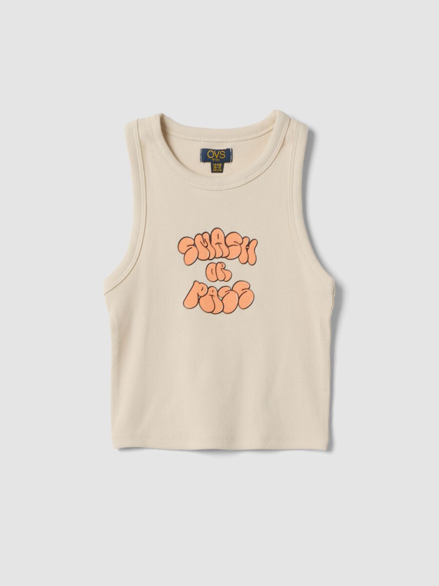 Tank top beige in cotone elasticizzato con stampa per ragazza fitted_3