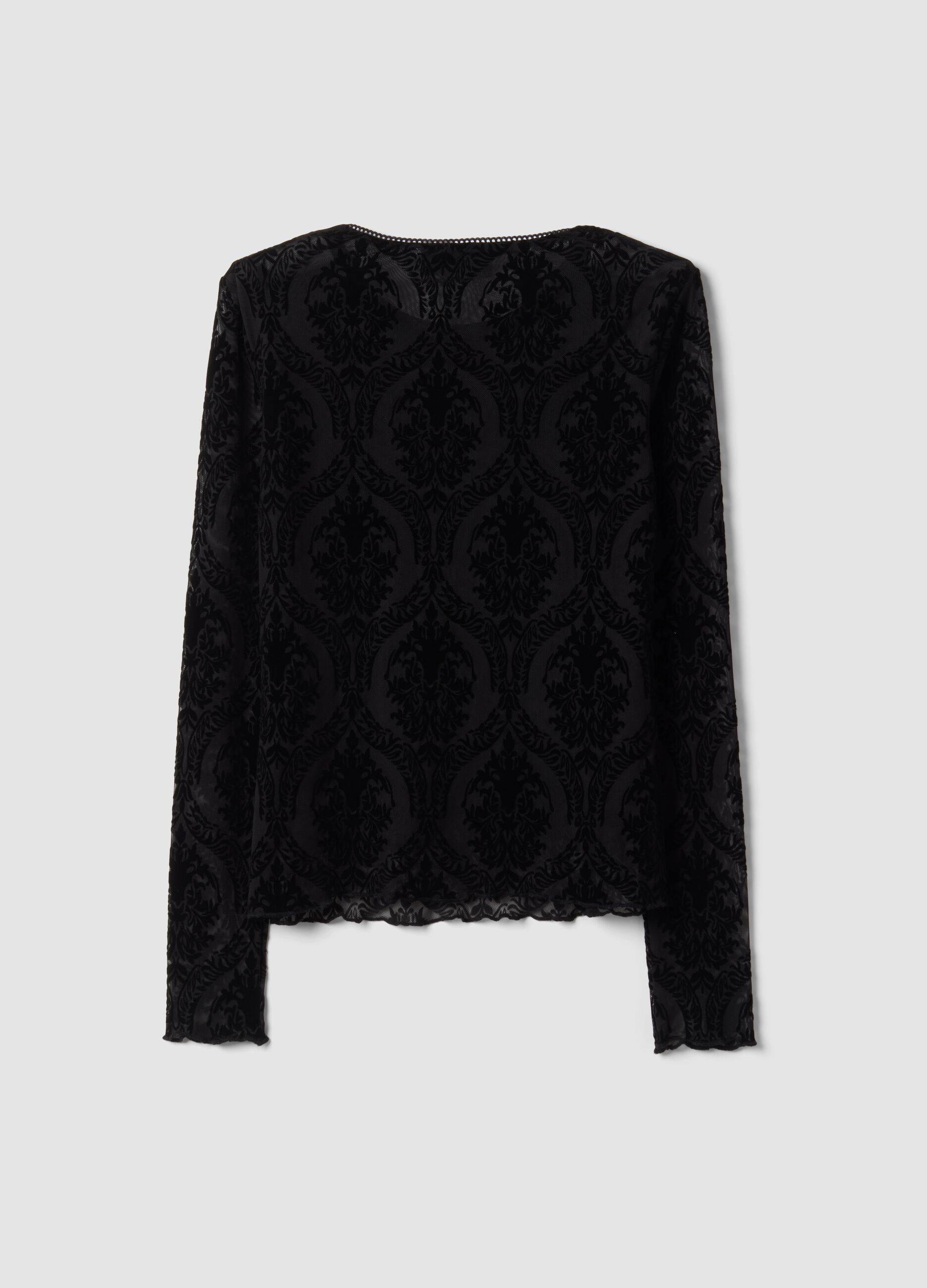 Black regular-fit T-shirt in sheer stretch fabric with pattern