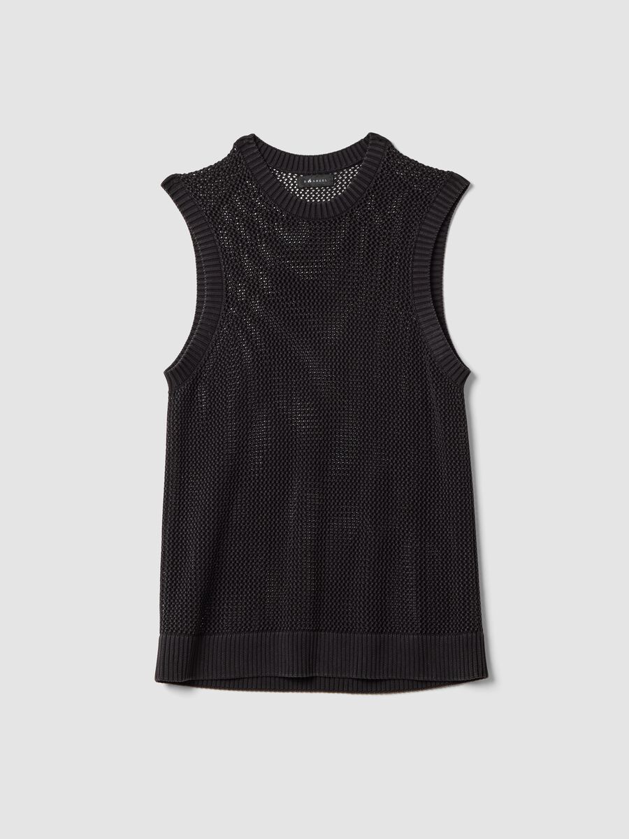 Maglia smanicata nera in puro cotone a rete over fit_5