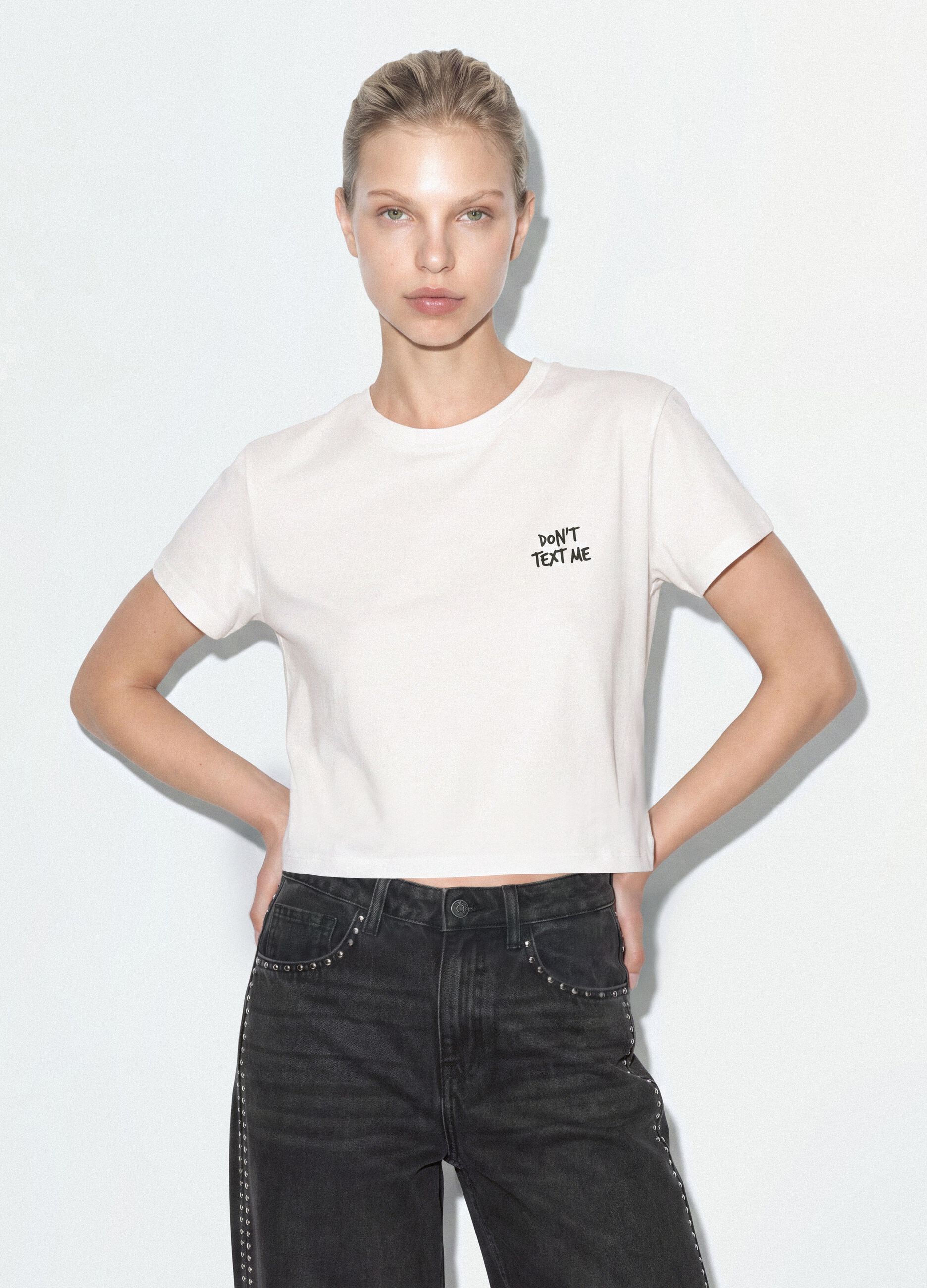 White cropped pure cotton graphic T-shirt, regular fit