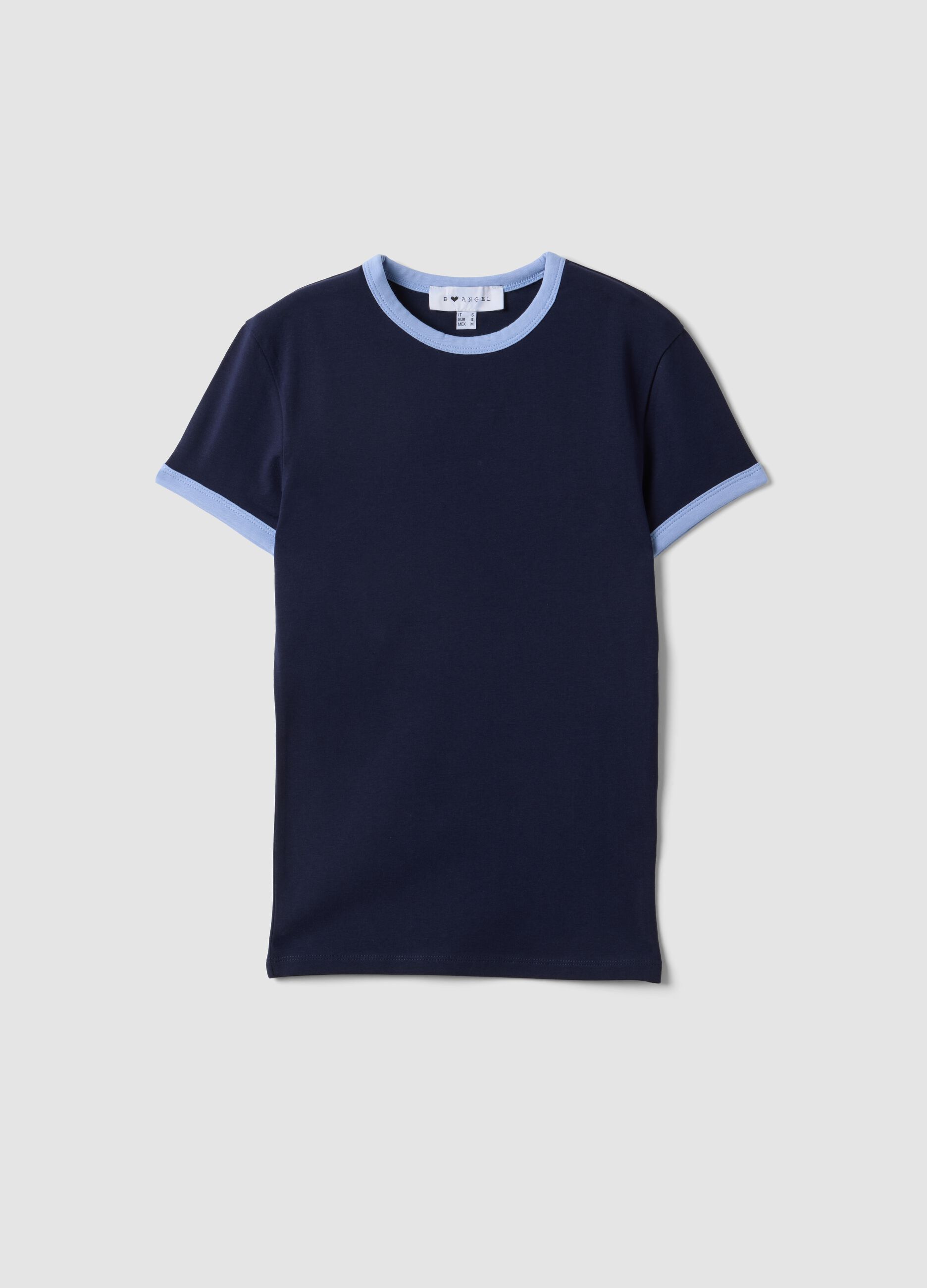 Blue stretch-cotton fitted T-shirt with contrast trims