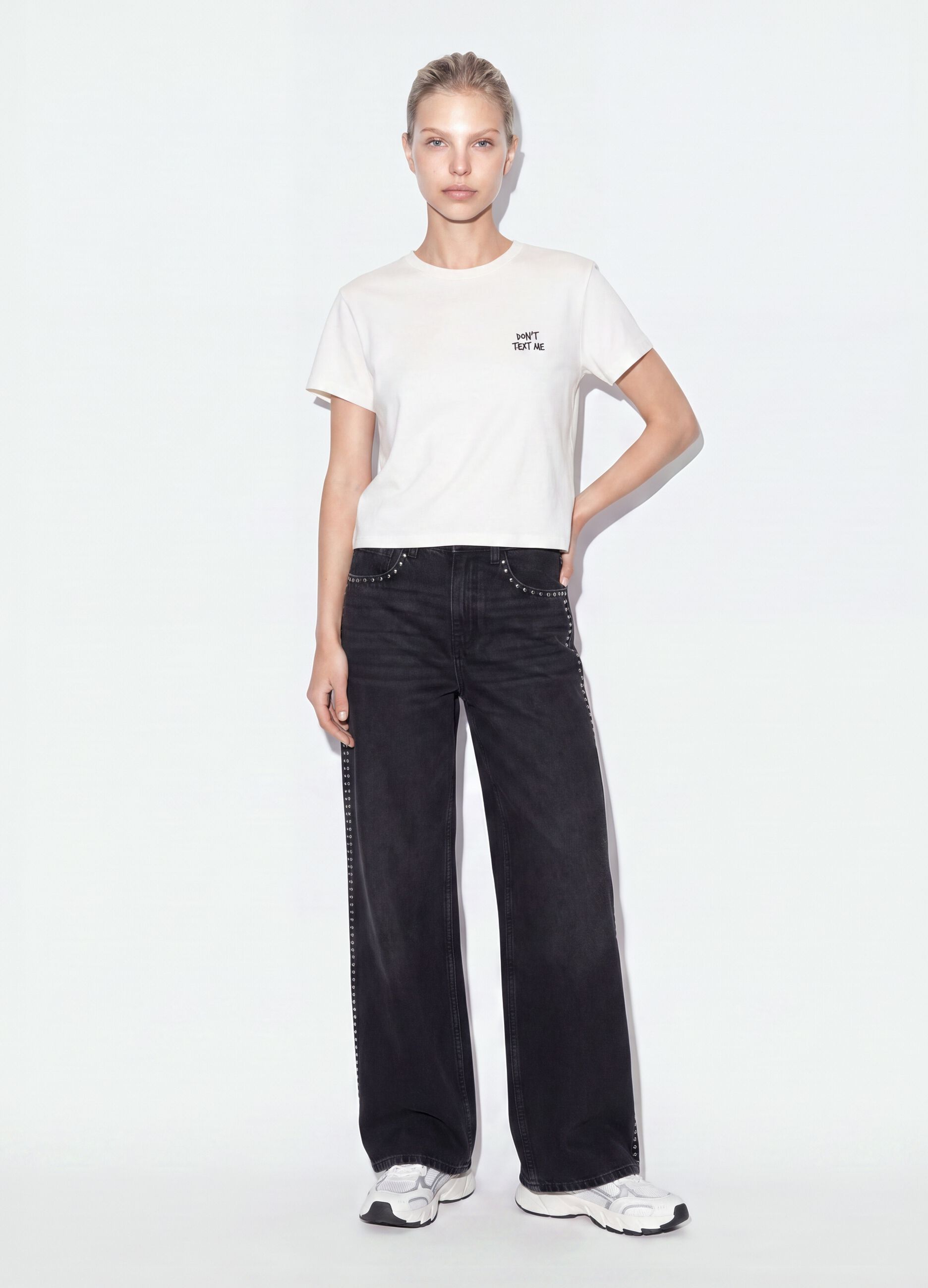 White cropped pure cotton graphic T-shirt, regular fit