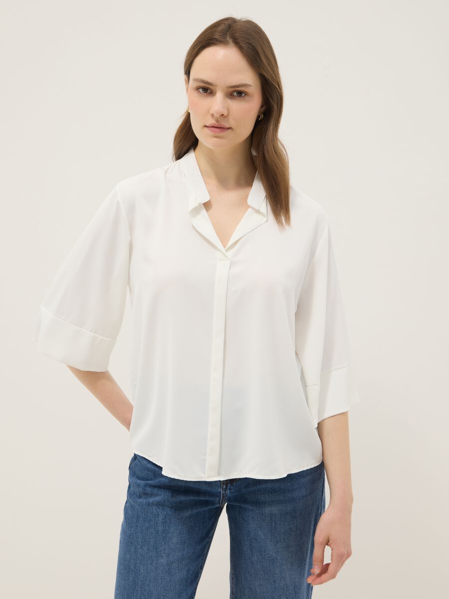 White long-sleeve regular-fit shirt with band collar_0
