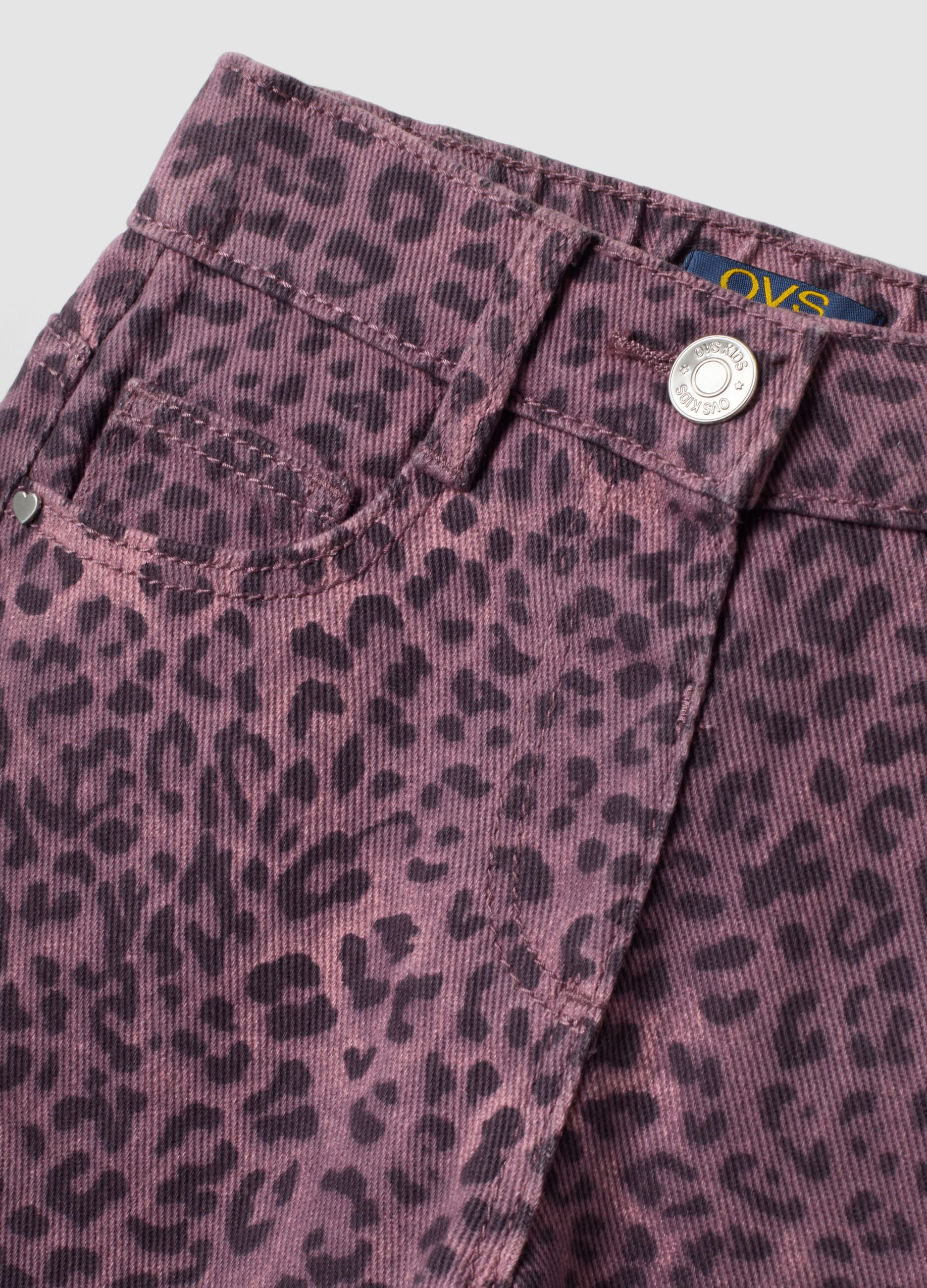 Purple wide-leg pure cotton trousers with animal print for girls