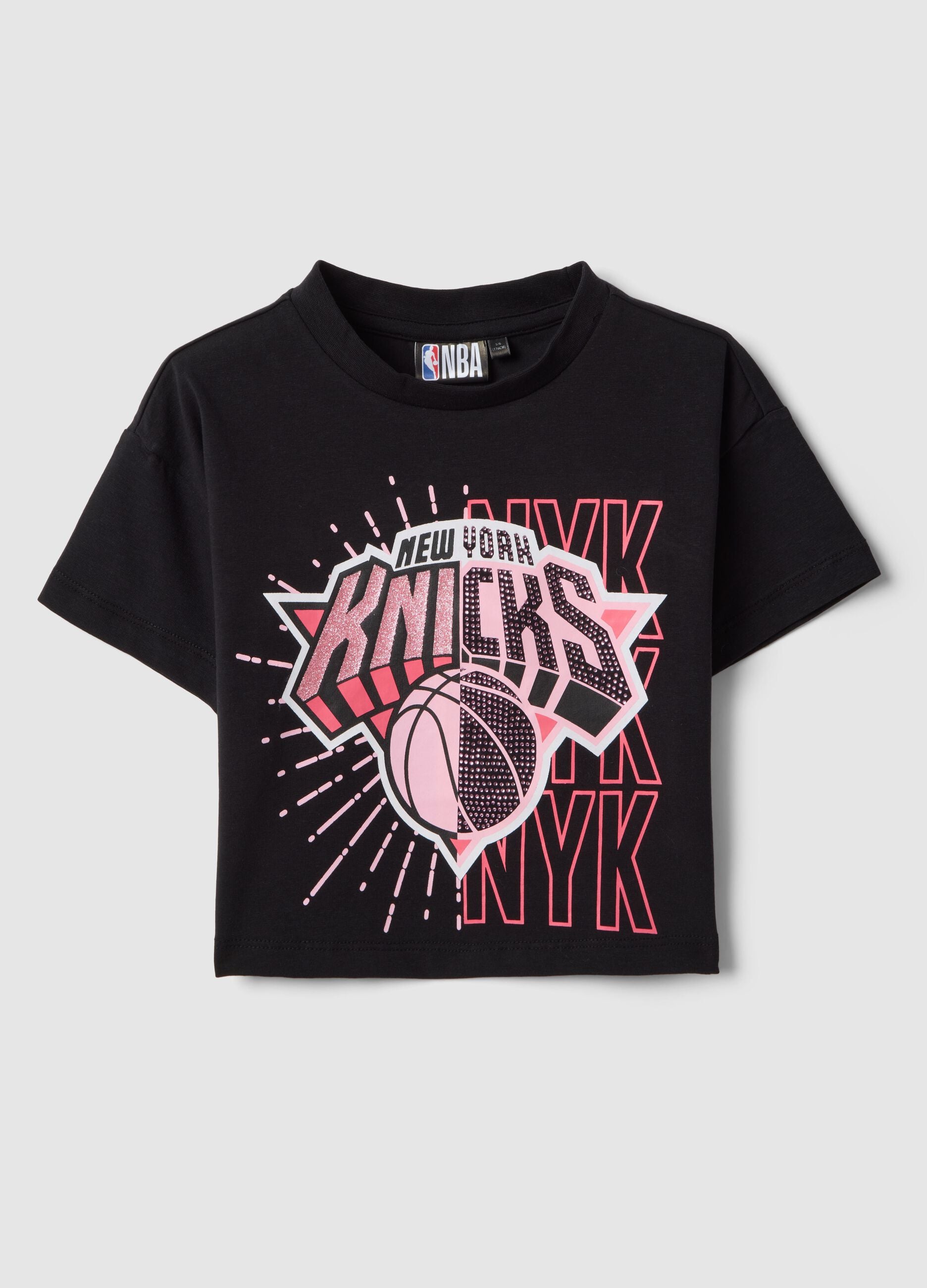 Girls' Black Stretch Cotton Boxy Fit T-shirt NY Knicks