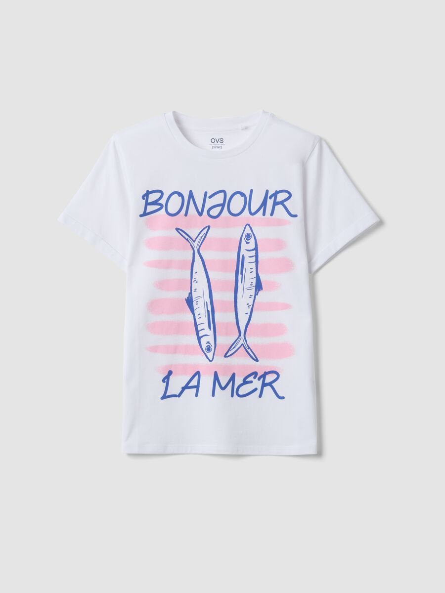 White pure cotton T-shirt with front print, regular fit_4