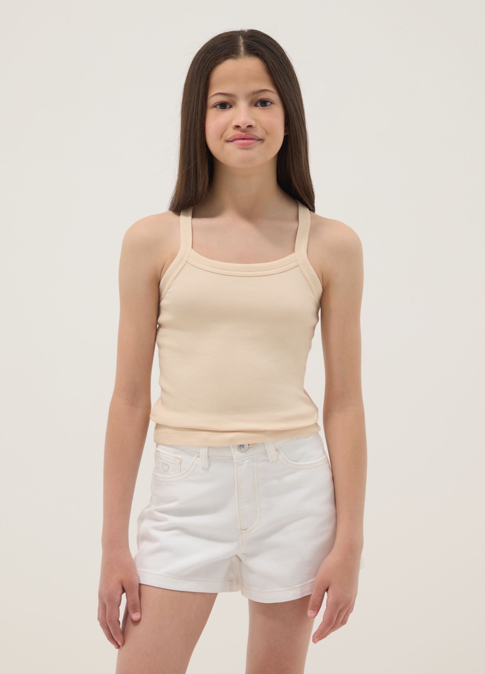 Girls&rsquo; beige ribbed stretch cotton fitted tank top