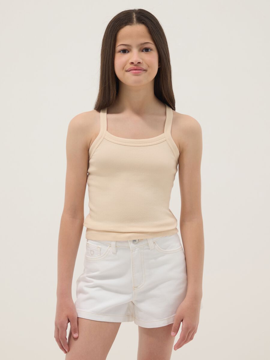 Tank top fitted beige in cotone elasticizzato a coste da ragazza_1