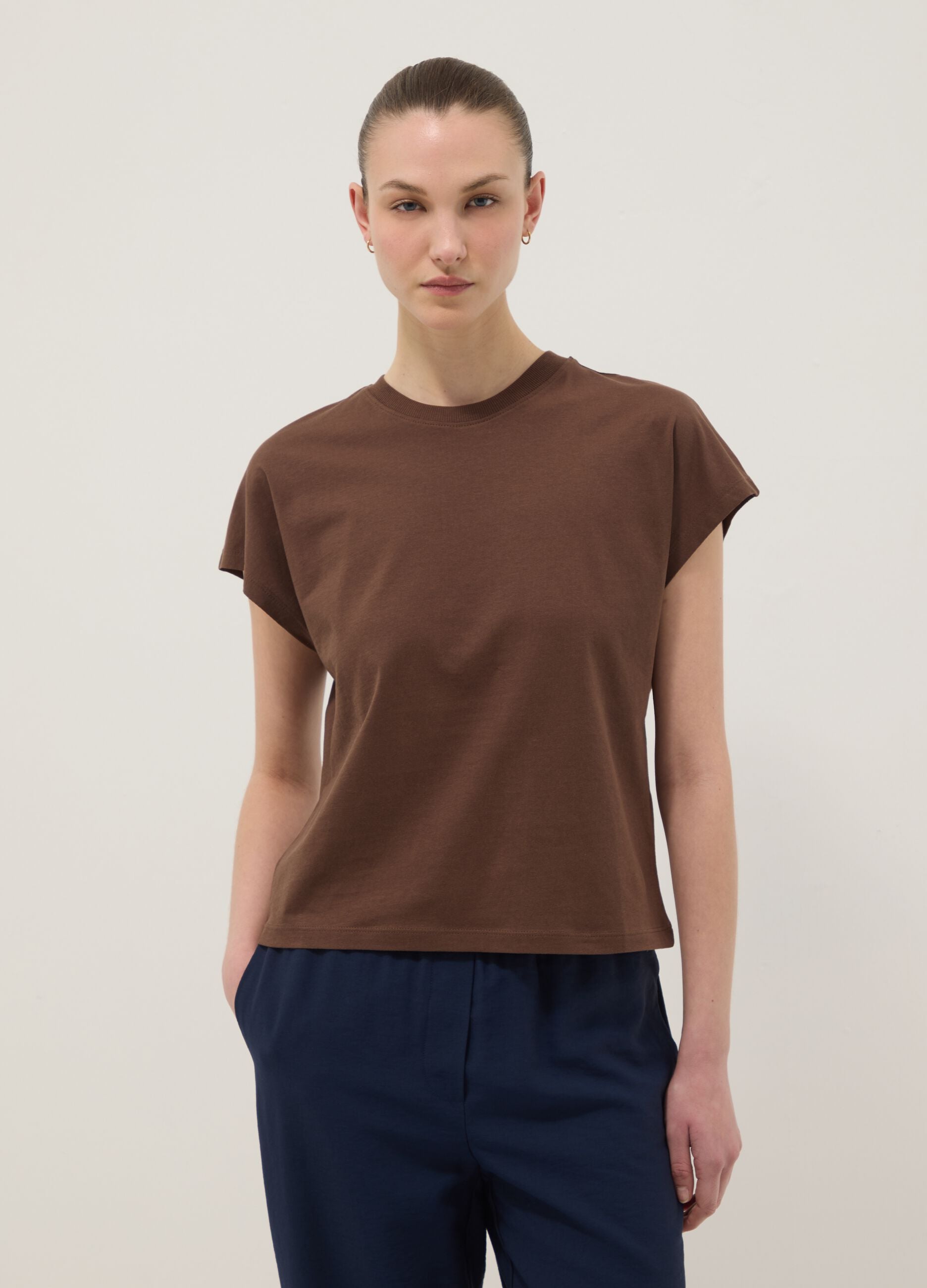 Brown fitted pure cotton short-sleeve T-shirt