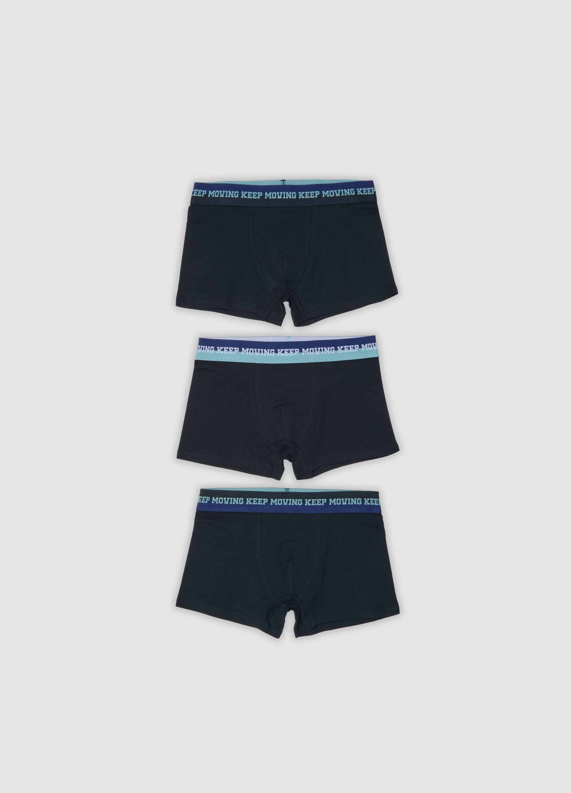 Triple pack of navy blue mid-length boys&rsquo; boxers in stretch organic cotton