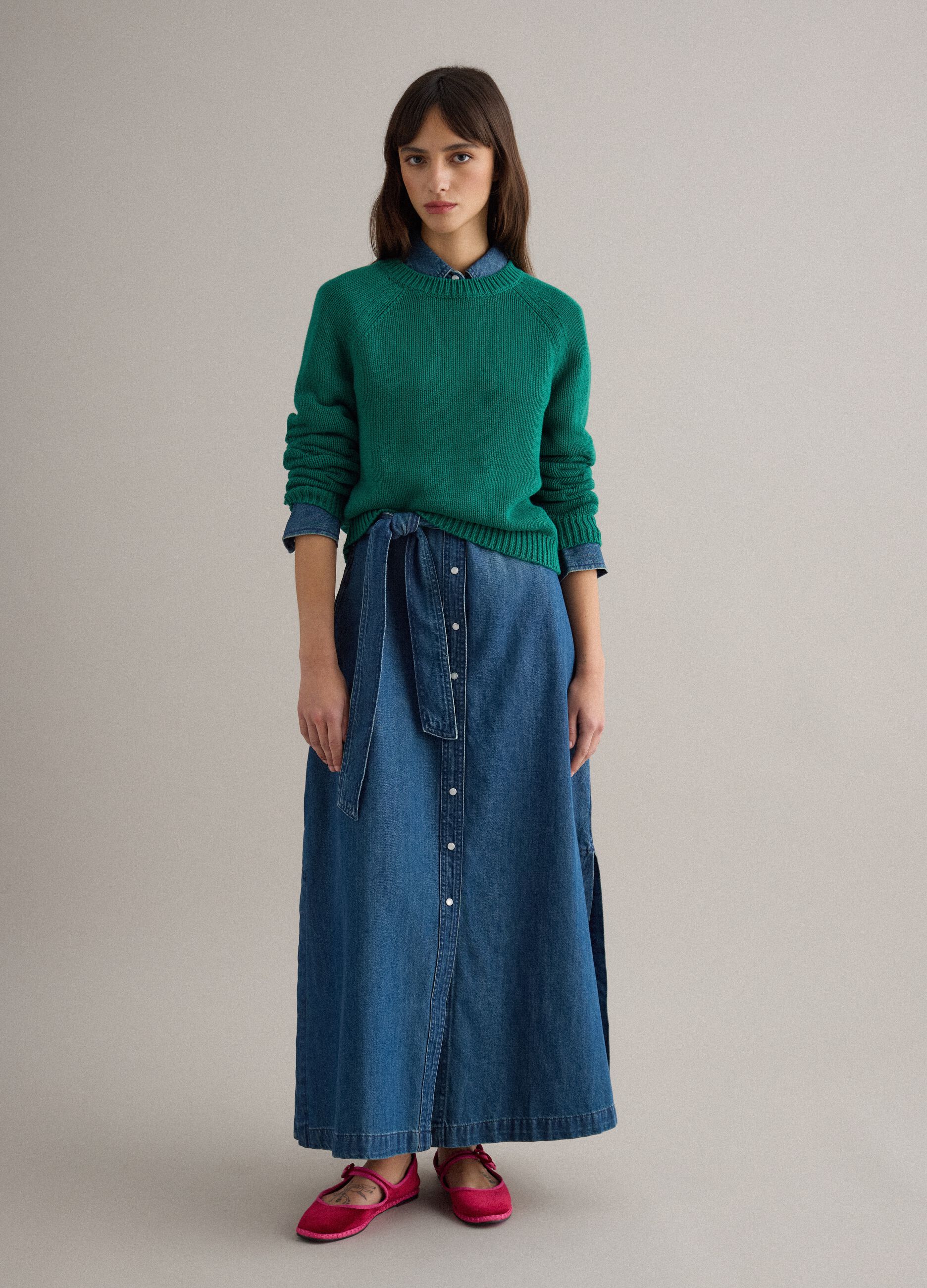 Green crew neck pullover in pure cotton regular fit