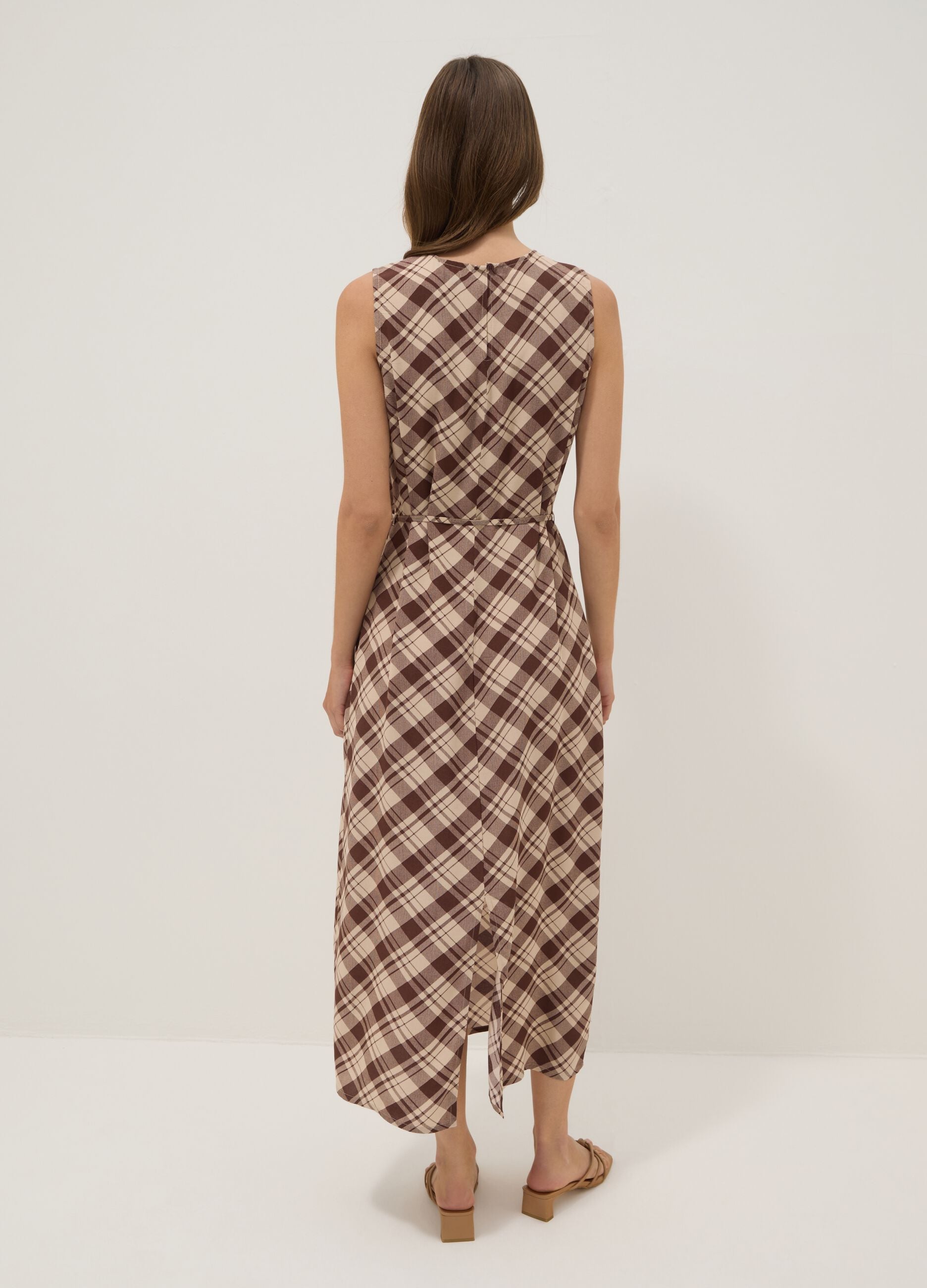 Brown checked pure viscose midi dress, regular fit